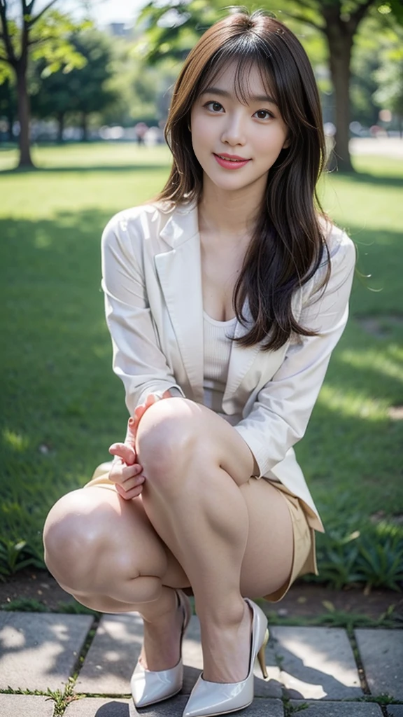 ((top-quality、in 8K、masterpiece:1.3、Raw photo))、Super high quality photos, In the tropical jungle, ((Wearing business suit jacket and skirt)), ((Wear a white blouse shirt under the jacket)), ((Perfect beauty 20 year old idol Japan woman)), ((a smile)), ((nipples sticking out under the shirt,)), ((slim figure)), ((Slim legs)), ((slim thigh)), ((Perfect beauty 20 year old idol Japan woman)), (Photorealistic: 1.4), (Ultra-high detail), (hyper realisitic: 1.4), (Realistic: 1.3), (Smooth lighting: 1.05), Full body, 1girl in, Solo, (Japanese actressl), 20yr old, cinematlic lighting, ((slim figure)), ((Leaner figure)), Good anatomy, Correct anatomy, In the tropical jungle, ((Perfect beauty 20 year old idol Japan woman)), ((slim figure)), ((Slim legs)), ((slim thigh)), ,((Perfect beauty)), ((He has a small camping bag in one hand.)), ((squatting)), ((Panties are visible through the skirt)), ((a smile)),