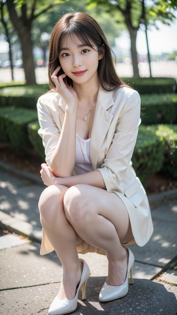 ((tailored jacket、White innerwear、Tight Skirt、Pantyhose in natural colors、High heels:1.2))、(8K、Highest quality、high resolution、High resolution、masterpiece:1.15)、One Woman、19-year-old Japanese woman、Japanese Model、((Full body photo、Photograph the whole body))、Beautiful woman、In the spring park、Perfect proportions、8th life、Tasteful dress、(Clear photos、RAW Photos:1.3)、Detailed face、Detailed eyes、Dark Brown Hair、Medium Hair、Looking at me with a smile、Dark gray eyes、Perfect limbs、Anatomically correct、Sunny day in the park、Tokyo in April、((Canon EOS 5D Mark 4とSIGMA Art Lens 85mm F1.4 Shot with DG HSM lens、F-stop 2.4、iso 200、Shutter Speed 2000))、Lifelike skin texture、Direct your gaze this way、((Depth))、Portrait、Realistic、超high resolution、超High resolution、nice smile、On the promenade of the park、Detailed nose、Detailed lips、Thin eyebrows、Glossy lips、Double eyelids、Thin arms、Beautiful hands、Natural Makeup、Light makeup、Thin face、Height is 170 cm