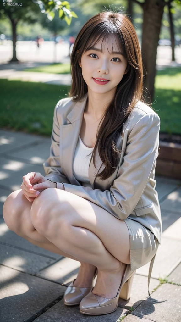 ((tailored jacket、White innerwear、Tight Skirt、Pantyhose in natural colors、High heels:1.2))、(8K、Highest quality、high resolution、High resolution、masterpiece:1.15)、One Woman、19-year-old Japanese woman、Japanese Model、((Full body photo、Photograph the whole body))、Beautiful woman、In the spring park、Perfect proportions、8th life、Tasteful dress、(Clear photos、RAW Photos:1.3)、Detailed face、Detailed eyes、Dark Brown Hair、Medium Hair、Looking at me with a smile、Dark gray eyes、Perfect limbs、Anatomically correct、Sunny day in the park、Tokyo in April、((Canon EOS 5D Mark 4とSIGMA Art Lens 85mm F1.4 Shot with DG HSM lens、F-stop 2.4、iso 200、Shutter Speed 2000))、Lifelike skin texture、Direct your gaze this way、((Depth))、Portrait、Realistic、超high resolution、超High resolution、nice smile、On the promenade of the park、Detailed nose、Detailed lips、Thin eyebrows、Glossy lips、Double eyelids、Thin arms、Beautiful hands、Natural Makeup、Light makeup、Thin face、Height is 170 cm