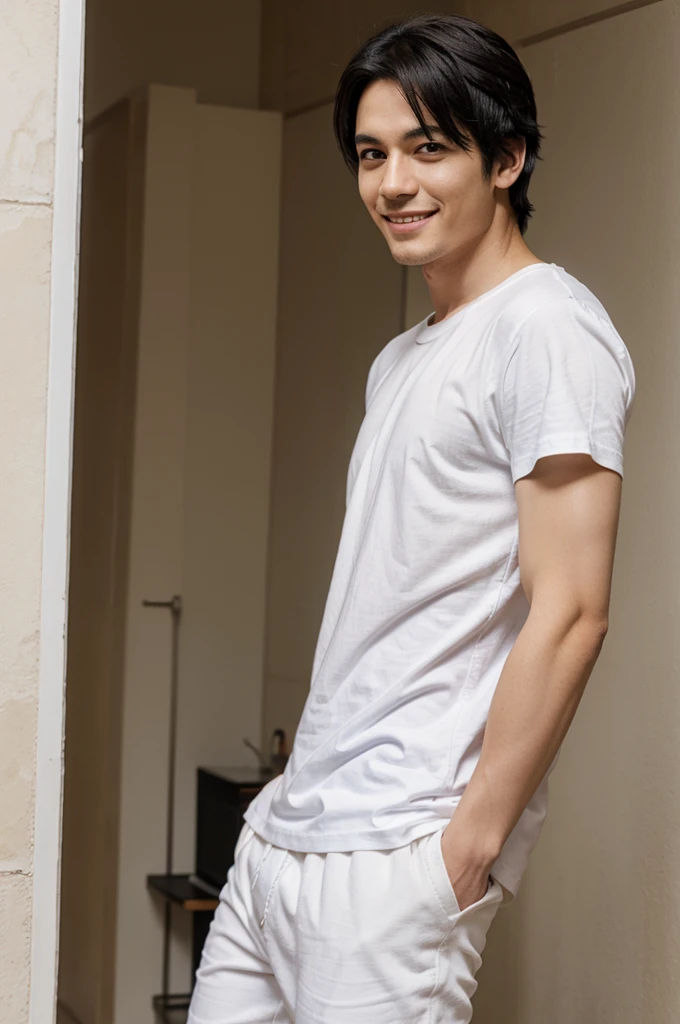 1 anime man , White t-shirt , smile , black hair , standing