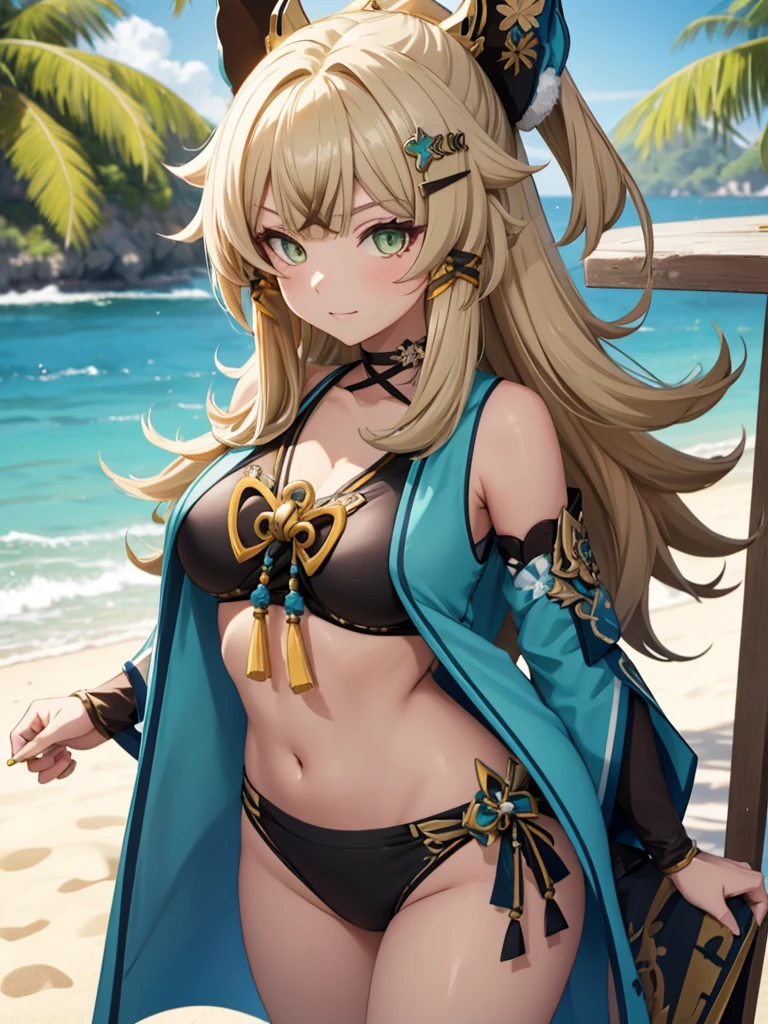 Kirara from Genshin Impact game, 1girl, wearing a sexy bikini at a beach, kirara hair style, 8k, high detailed, high quality