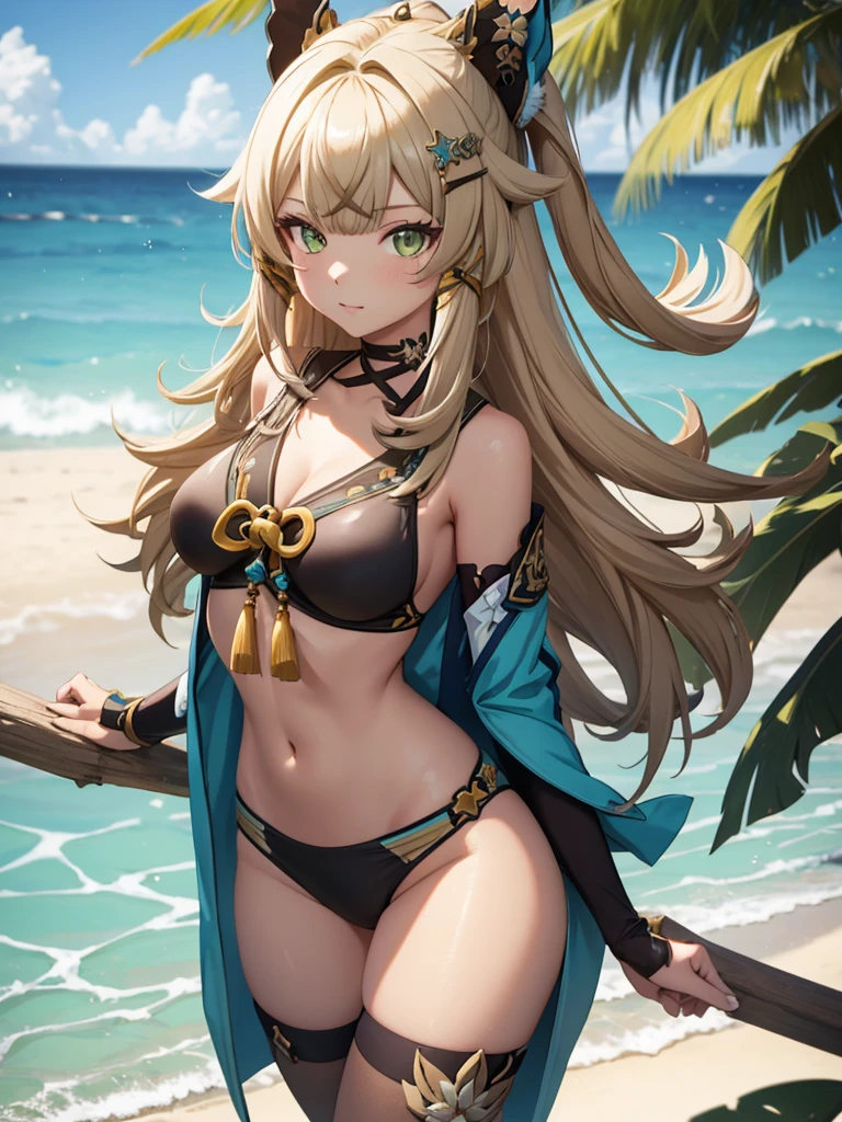 Kirara from Genshin Impact game, 1girl, wearing a sexy bikini at a beach, kirara hair style, 8k, high detailed, high quality