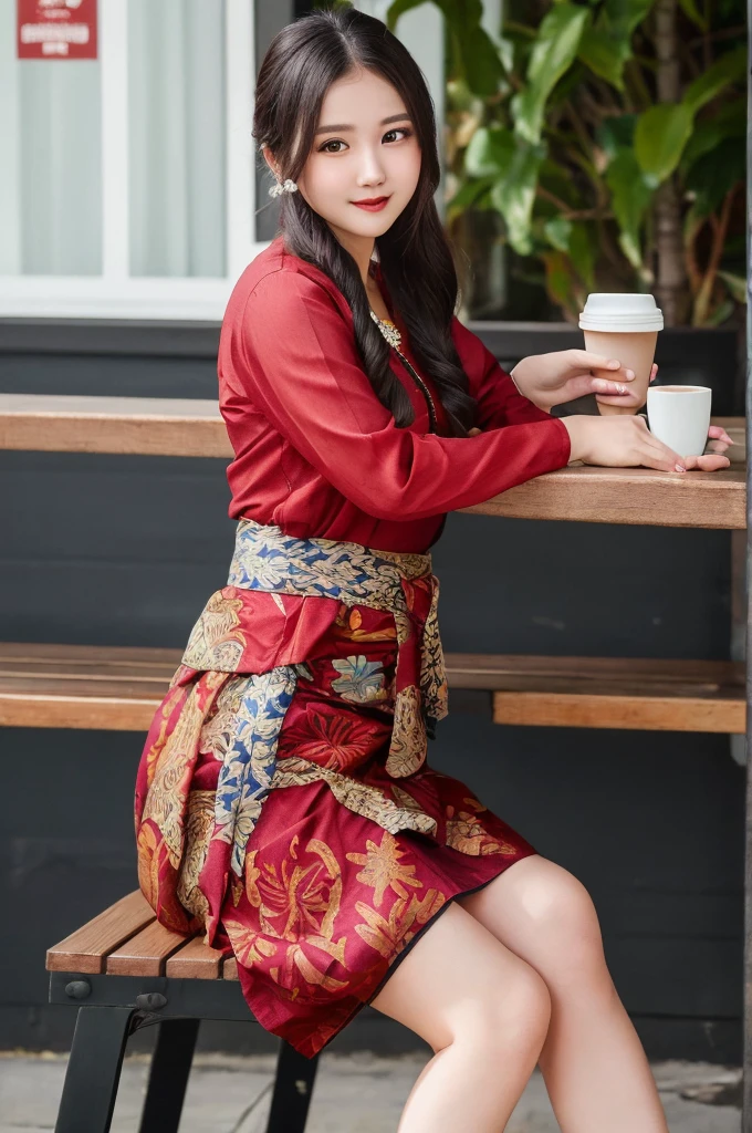 masterpiece: 1.4), (8K, Photorealistic, Raw photography, Best image quality: 1.4), Chubby Chinese girl, 19 years old, (Random hairstyle: 1.2), full body Super Detailed skin, sharp focus 1.3 beautiful girl : 1.2 masterpiece light best quality black hair、超 High resolution (Photorealistic: 1.4), Slight smile, watch, very detailed and professional lighting red kebaya, and batik patterned sarong skirt, Serious facial expression, Sitting on a coffee shop bench