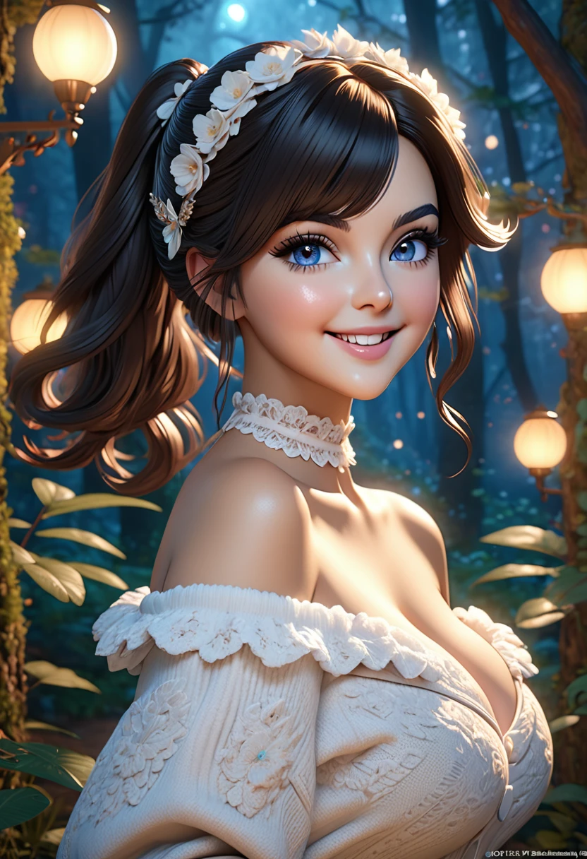 masterpiece, best quality, highly detailed, 1girl, solo, twintails, off-shoulder sweater, choker, jacket, hairband, looking at viewer, smile, blush, Wide Smile, Eyes Detailed & Wide, sexy Pose. Ultra HD, Rococo-Inspired Fantasy Art With Intricate Details. Cute, Charming Expression, Alluring-Gaze, looking at viewer Beautiful Eyes, An-Ideal-Figure. Large Youthful Well-Shaped-Breasts, Massive-Round-Bosom, Décolletage. slim waist, fit body, full lipsWarm lights , woman in a dreamy forest at night, with fluffy hair, delicate face, realistic, real, slim, large aperture, sexy shots, attractive poses,Stunnin gly beautiful merge of Ariel Winter, Kim Kardashian. symmetrical face, photorealistic, photography, path tracing, specular lighting, volumetric face light, path traced hairmaximum quality{(masutepiece) (8K High Resolution) (top-quality) In the style of breath of the wild.