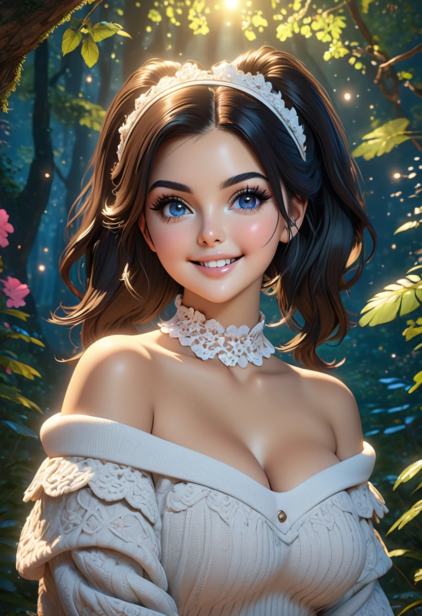 masterpiece, best quality, highly detailed, 1girl, solo, twintails, off-shoulder sweater, choker, jacket, hairband, looking at viewer, smile, blush, Wide Smile, Eyes Detailed & Wide, sexy Pose. Ultra HD, Rococo-Inspired Fantasy Art With Intricate Details. Cute, Charming Expression, Alluring-Gaze, looking at viewer Beautiful Eyes, An-Ideal-Figure. Large Youthful Well-Shaped-Breasts, Massive-Round-Bosom, Décolletage. slim waist, fit body, full lipsWarm lights , woman in a dreamy forest at night, with fluffy hair, delicate face, realistic, real, slim, large aperture, sexy shots, attractive poses,Stunnin gly beautiful merge of Ariel Winter, Kim Kardashian. symmetrical face, photorealistic, photography, path tracing, specular lighting, volumetric face light, path traced hairmaximum quality{(masutepiece) (8K High Resolution) (top-quality) In the style of breath of the wild.