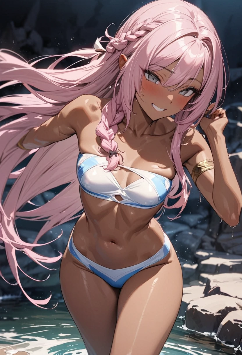 (pov Swimwear style) (beautiful body), (dark brown skin, solo:2, 1000 yo, Braid pink hair long hair cool elfwoman, cool gray eyes, ecstasy smile, love mode, small tits), (in a liquid bandeau bustier swimsuit), break, in the Swimsuit contest venue, background detailed beautiful Coast, BREAK, perfect anatomy, masterpiece, best quality, 16k, beautiful detailed love, sexy, daydreaming expression.