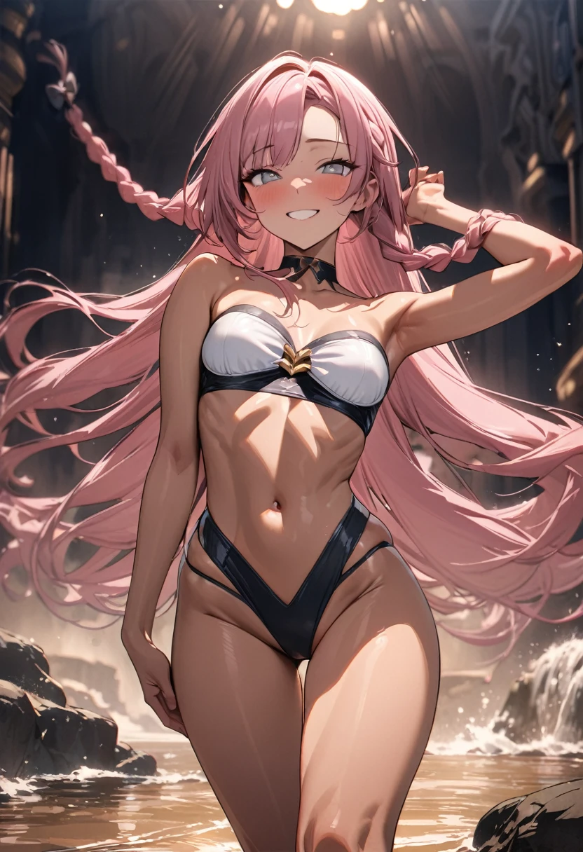 (pov Swimwear style) (beautiful body), (dark brown skin, solo:2, 1000 yo, Braid pink hair long hair cool elfwoman, cool gray eyes, ecstasy smile, love mode, small tits), (in a liquid bandeau bustier swimsuit), break, in the Swimsuit contest venue, background detailed beautiful Coast, BREAK, perfect anatomy, masterpiece, best quality, 16k, beautiful detailed love, sexy, daydreaming expression.