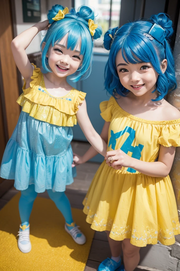 Character from the film Funnily 2. The character must be female,blue hair with glitter,short in stature,She is wearing a bright yellow dress,is happy,the character's color is yellow,Neutral background color emphasizes the character,only the main character,3d,4k the most faithful and similar to the character in the film