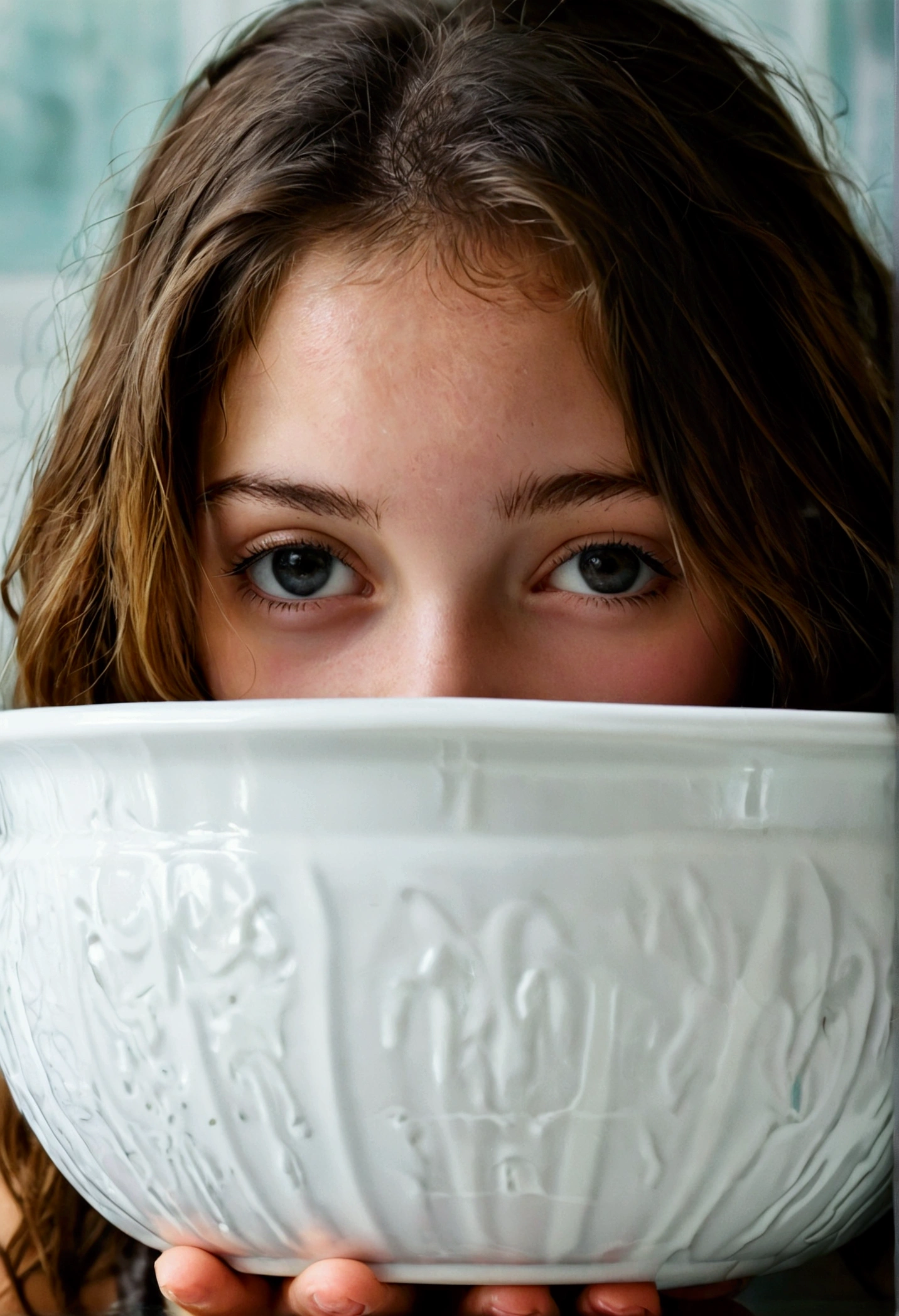 Very young woman hiding her breasts in a white bowl
