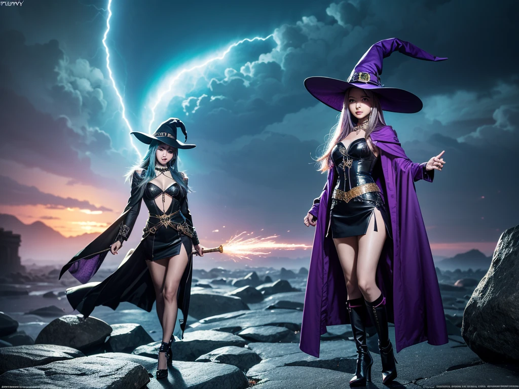 In the middle of so the storm on the stone field stand beatiful witch, she have a beautiful face with blue eyes shining purple lipstick and purple eye shadows, she have long blue hair with purple highlights, she dressed in black long coat short skirt high heels shoes and witch hat on her head , there is lighnings all around her, (ultra high quality fantasy art, anime fantasy style, masterpiece, ultra high quality character design, 8k quality anime art, realistic anime art, top quality wallpaper illustration, detailed ultra high quality accurate face, high quality design and accurate physic)