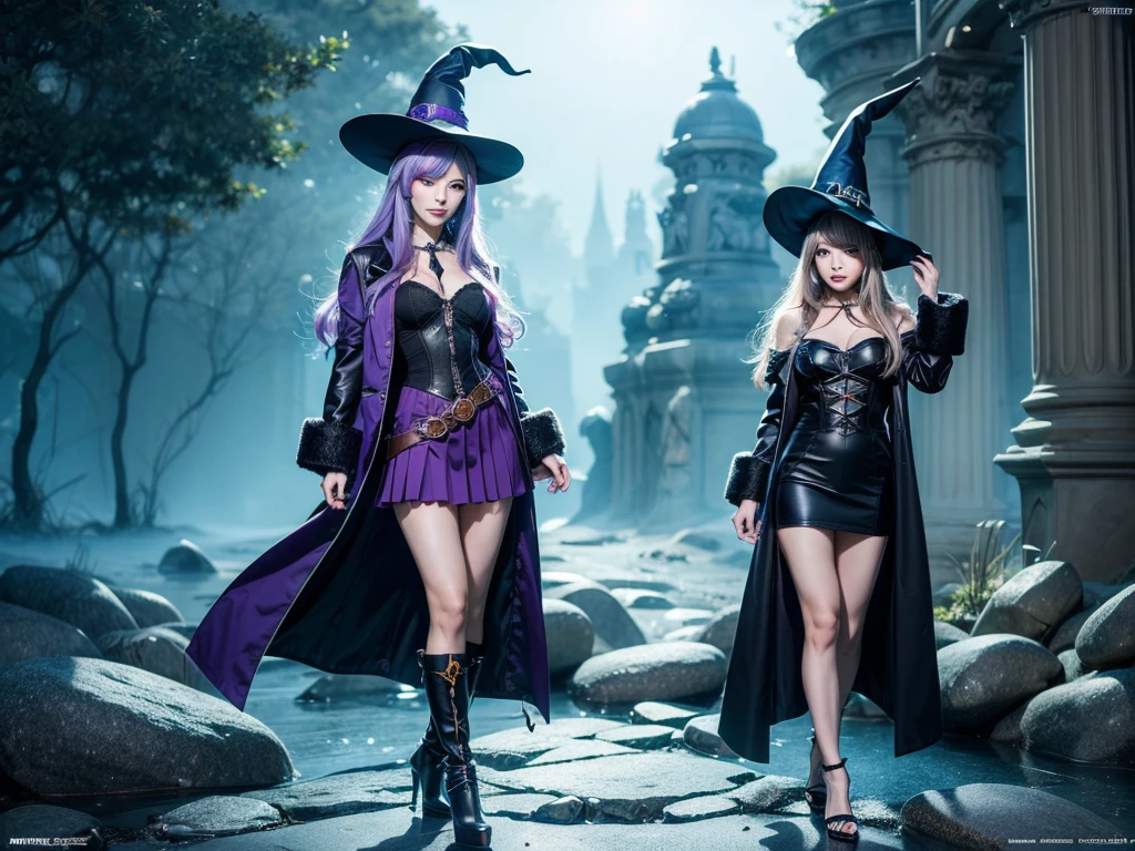 In the middle of so the storm on the stone field stand beatiful witch, she have a beautiful face with blue eyes shining purple lipstick and purple eye shadows, she have long blue hair with purple highlights, she dressed in black long coat short skirt high heels shoes and witch hat on her head , there is lighnings all around her, (ultra high quality fantasy art, anime fantasy style, masterpiece, ultra high quality character design, 8k quality anime art, realistic anime art, top quality wallpaper illustration, detailed ultra high quality accurate face, high quality design and accurate physic)