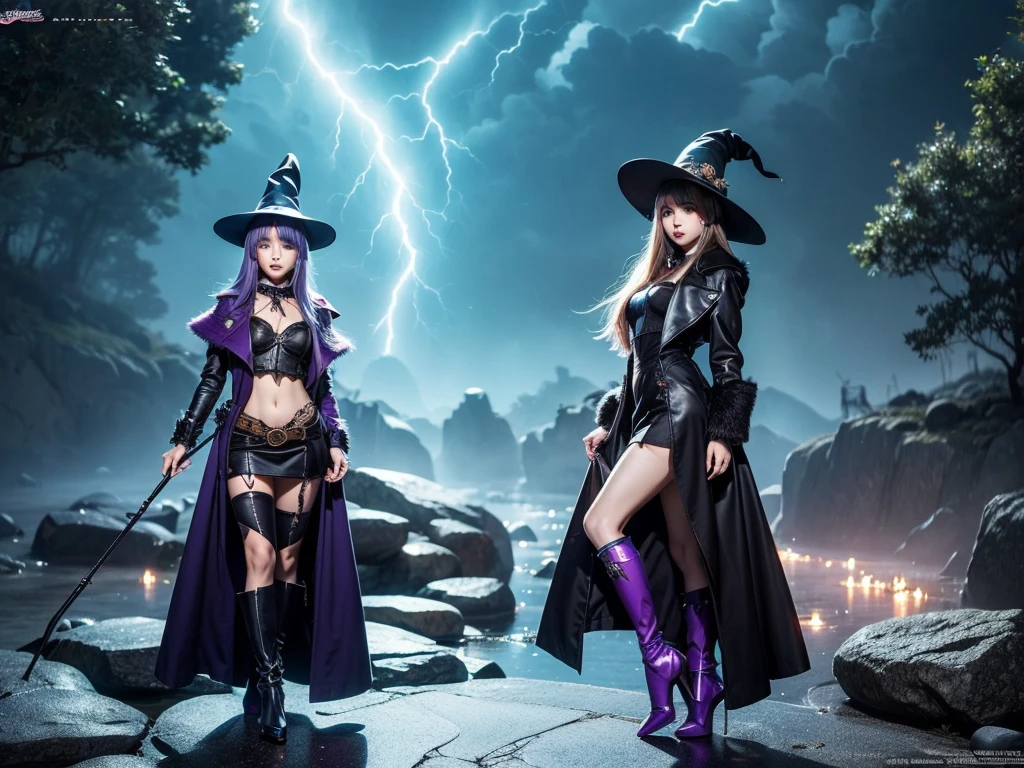 In the middle of so the storm on the stone field stand beatiful witch, she have a beautiful face with blue eyes shining purple lipstick and purple eye shadows, she have long blue hair with purple highlights, she dressed in black long coat short skirt high heels shoes and witch hat on her head , there is lighnings all around her, (ultra high quality fantasy art, anime fantasy style, masterpiece, ultra high quality character design, 8k quality anime art, realistic anime art, top quality wallpaper illustration, detailed ultra high quality accurate face, high quality design and accurate physic)