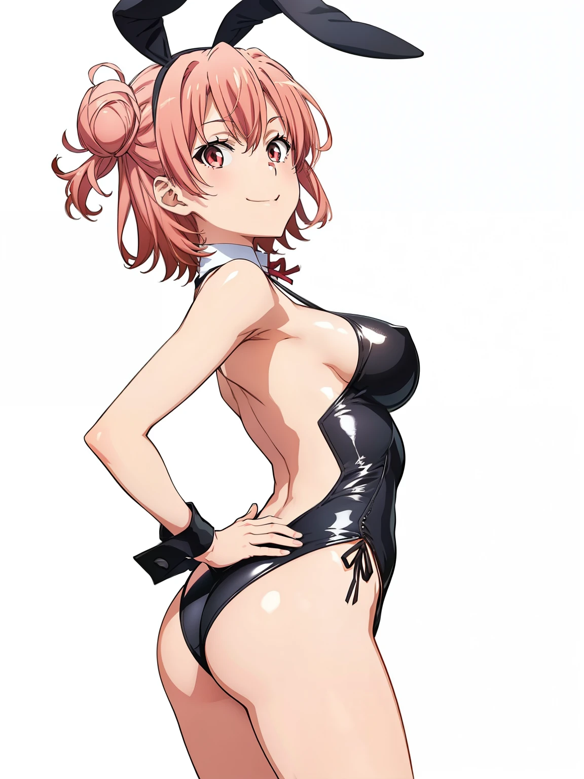 ((masutepiece, Best Quality, hight resolution, nffsw, Perfect Pixel, depth of fields, 4K, )), 1girl in, Solo, , Beautiful anime girl, Beautiful Art Style, close up, Looking up at Viewer, ass, thighs, Perfect body, Yuigahama Yui, Short hair, pink hair, hairbun, (large boob), sideboob, black playboy bunny outfit, smile, hands on hips, blank white background