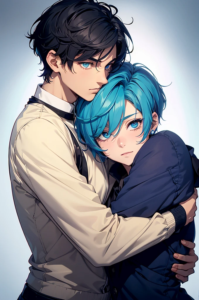 shy two males, one with blonde spiky curly hair and cyan eyes hugging happyly another feminen male with very short bowlcut cut dark blue hair and eyes with beauty marks on his face