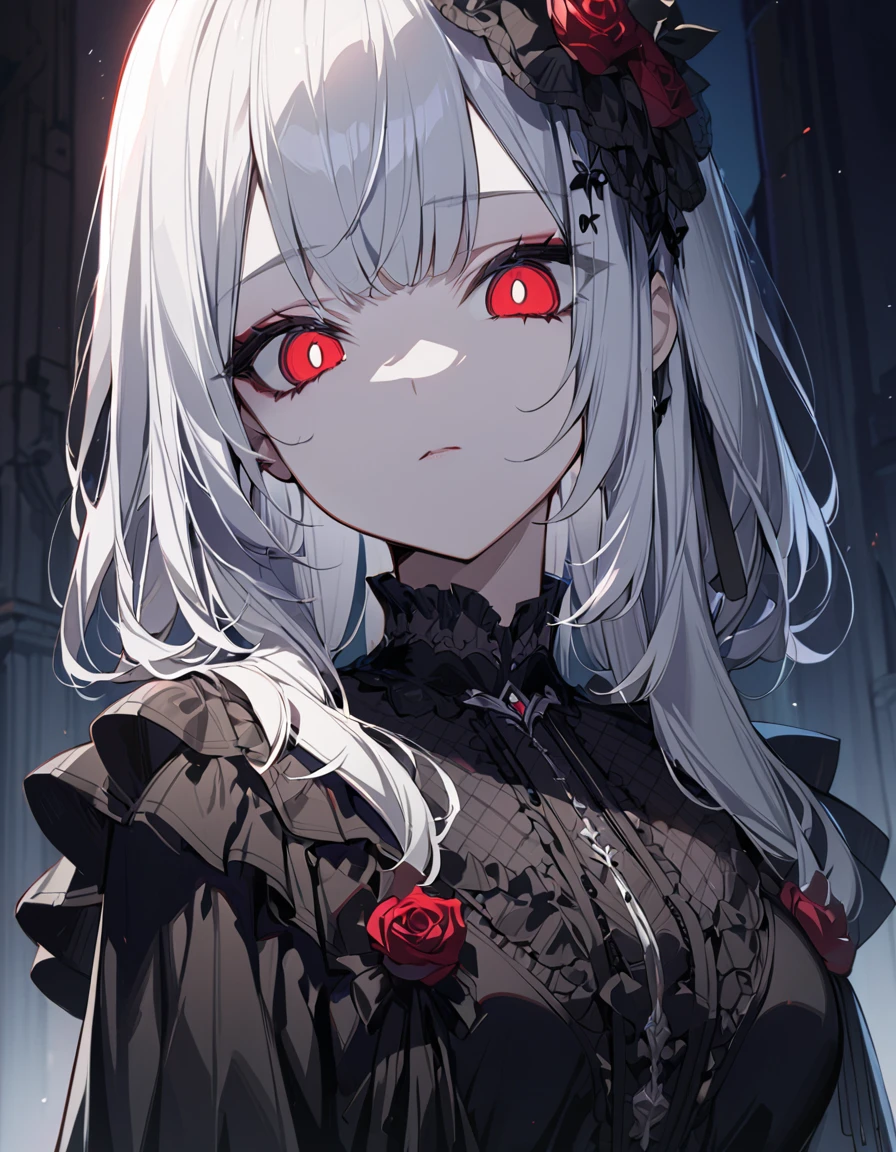 One girl, masterpiece, best quality, beautiful woman, expressionless, big eyes, red pupils, silver hair, hime cut, black gothic lolita, background is rose, night, anime