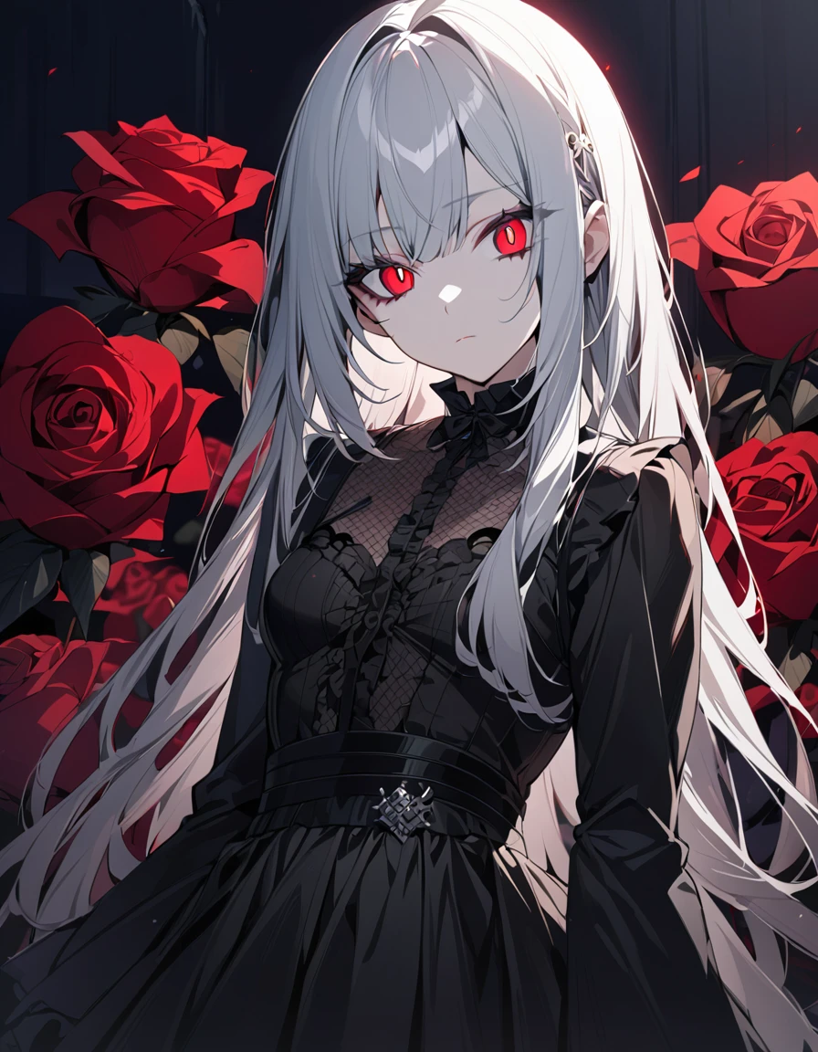 One girl, masterpiece, best quality, beautiful woman, expressionless, big eyes, red pupils, silver hair, hime cut, black gothic lolita, background is rose, night, anime