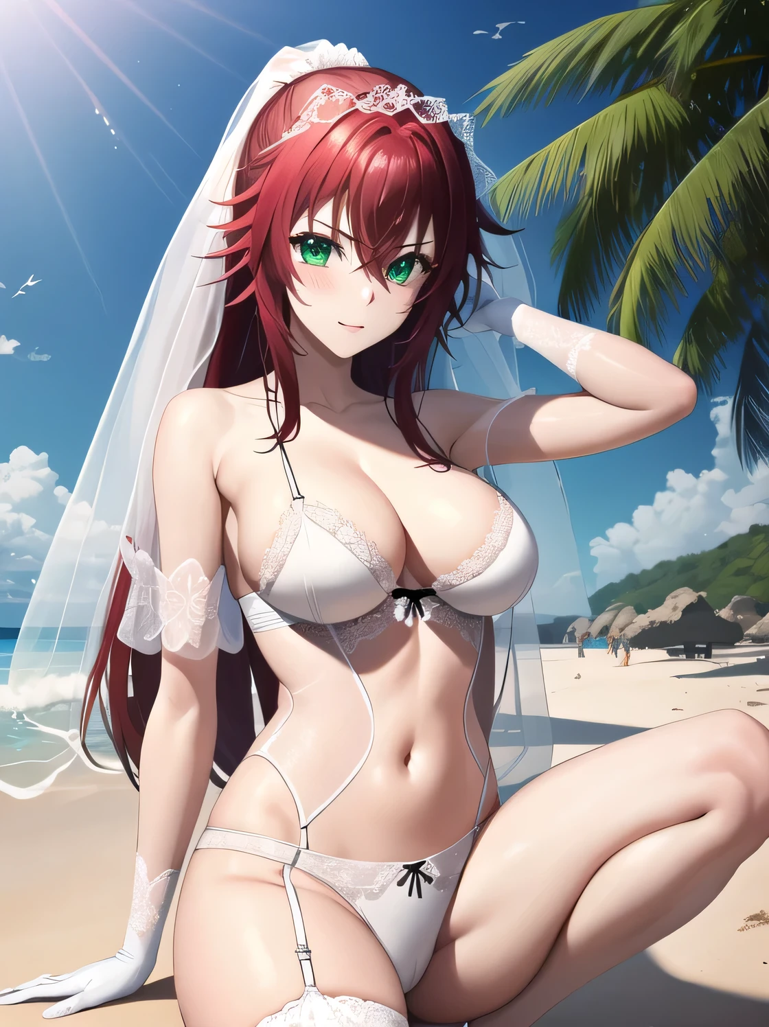 rias gremory, long hair, hair between eyes, (green eyes:1.3), red hair, masterpiece, best quality, highres, high_definition, long hair, a beach, 1girl, solo, a woman in a sexy bridal lingerie, white glove, sexy pose, blush, bangs, hair_between_eyes, green eyes, veil, medium breasts, very long hair, ponytail, arms behind body, picture until her knees, sexy