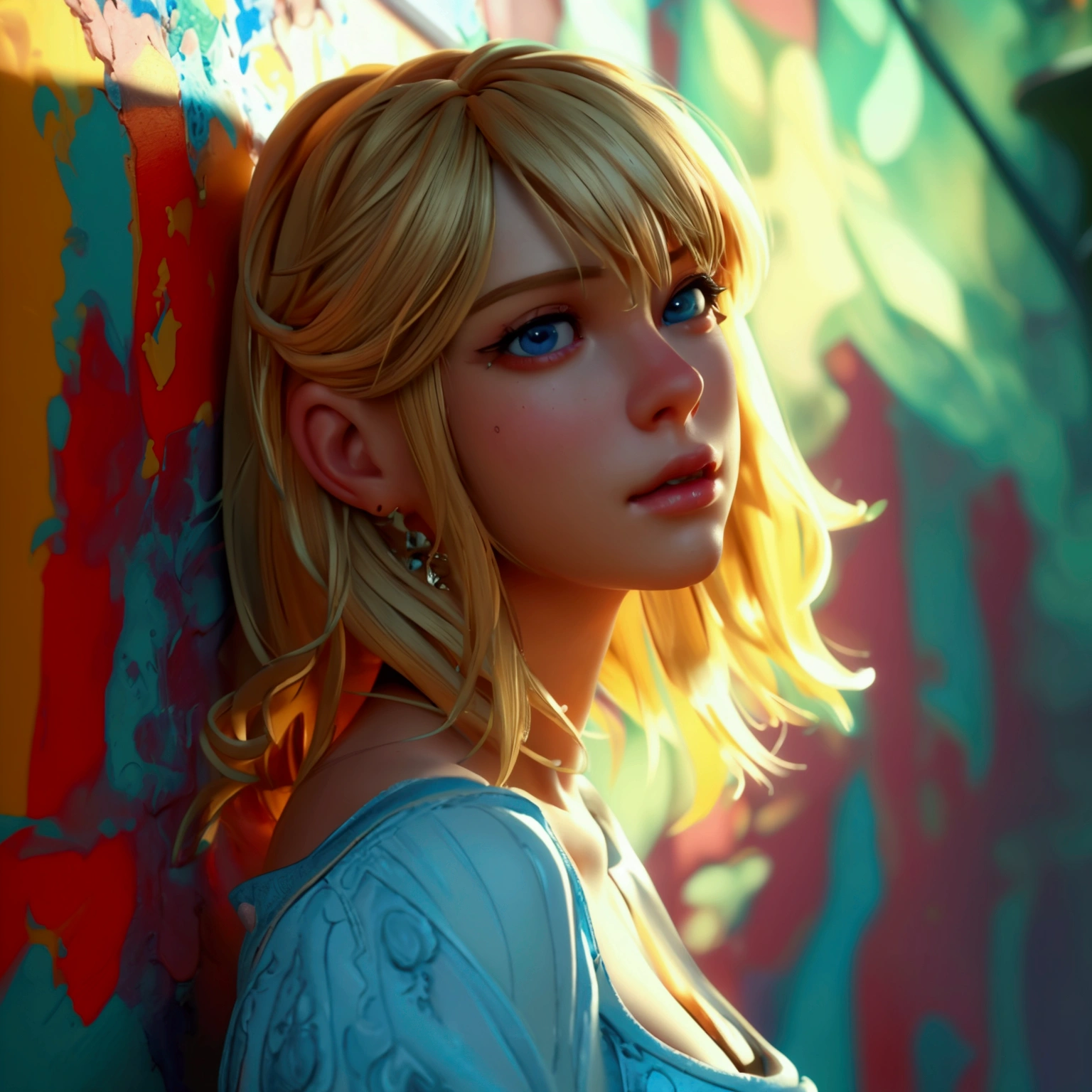 A beautiful blonde girl wearing a tight shirt, with a lovely bottom, painting the walls of a house, with her chest slightly exposed, detailed face and eyes, intricate clothing textures, photorealistic, cinematic lighting, warm color tones, vibrant colors, hyper-detailed, concept art style, masterpiece, (best quality, 4k, 8k, highres, masterpiece:1.2), ultra-detailed, (realistic, photorealistic, photo-realistic:1.37)