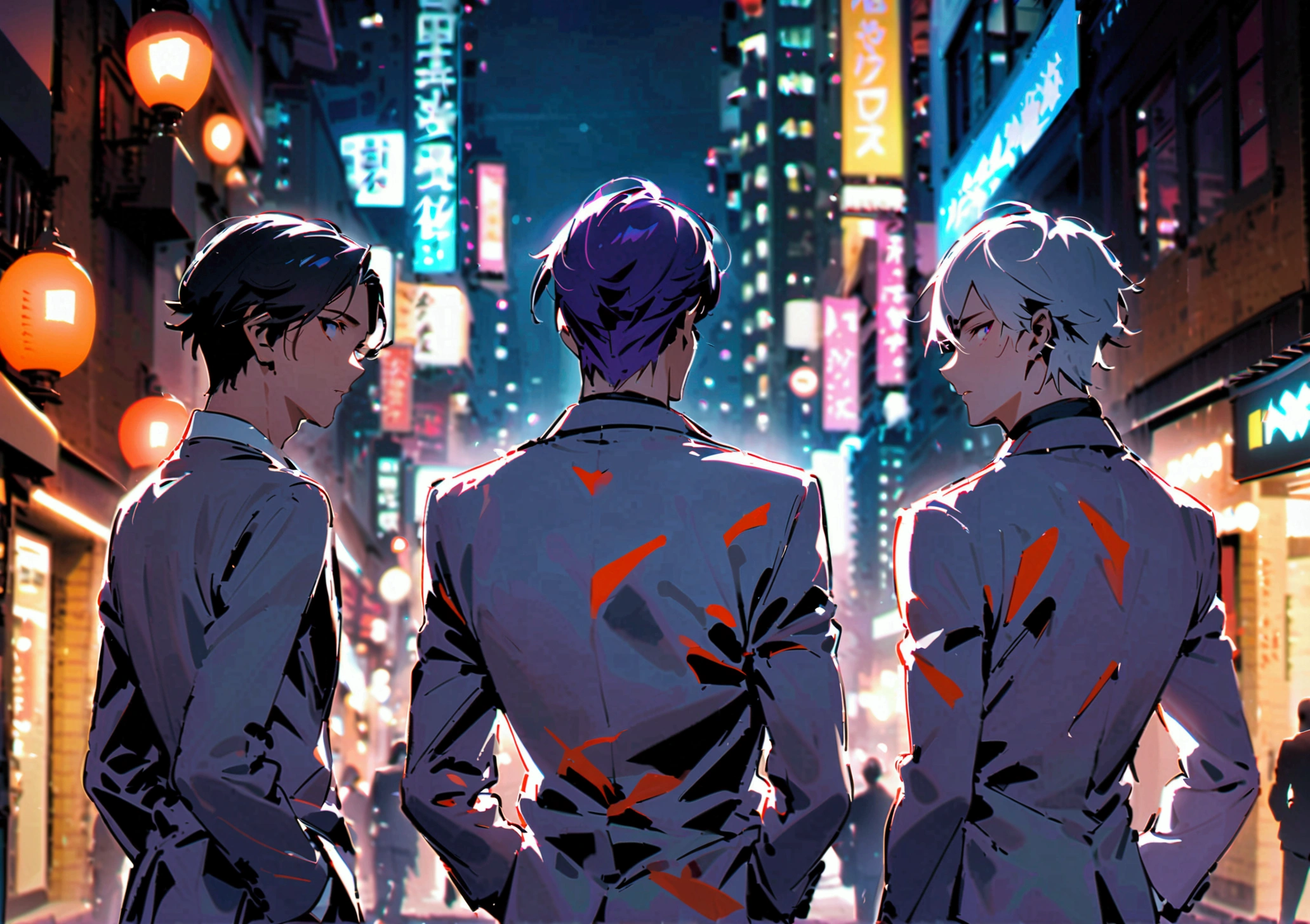 Three men standing in a group of 3 men in white suits, 2 men in black suits, 1 man with black hair, 1 man with white hair, 1 man with purple hair, 1 man with his back turned in the middle of the city at night.
