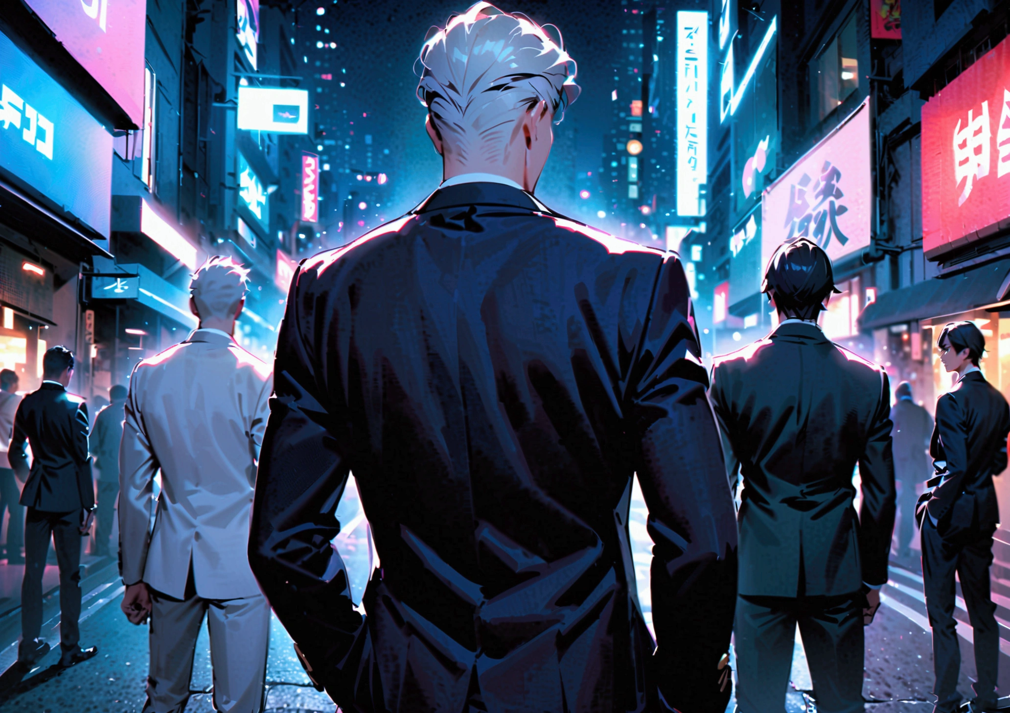 Three men standing in a group of 3 men in white suits, 2 men in black suits, 1 man with black hair, 1 man with white hair, 1 man with purple hair, 1 man with his back turned in the middle of the city at night.