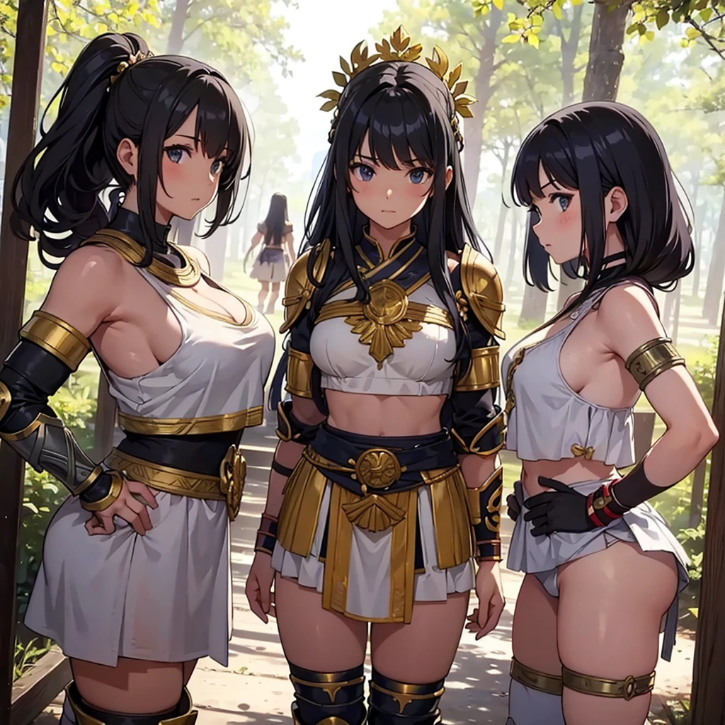 a group of greek warriors womans in togas , only girls , forest in the background , light armor , elbow pads, knee pads, shoulder pads, black armor , sandals , sexy, exposed belly, muscular girl, defined abdomen,stomach, multiple girls, looking at viewer , long hair, bare shoulders, outdoors, sandals