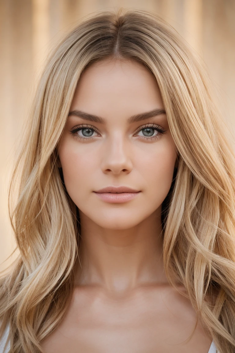 proFessional portrait photograph oF a gorgeous 21 year, réaliste, photoréaliste, realistic skin texture, real life, Photo brute, longs cheveux blonds ondulés, couleur de cheveux blond, Peau détaillée 8K, texture naturelle de la peau, réaliste skin texture, picture-visage parfait, grain de film, hdr, peau douce, sourir, ombre de haute qualité, anatomie parfaite, symétrie parfaite:1.2, visage parfait, heureux, Éclairage doux, profondeur de champ, bokeh, réaliste, Ultra haute résolution, éclairage cinématographique, netteté, réaliste hair strands, expressions faciales subtiles, couleurs vives, objectif 50 mm, angle standard, Fond extérieur, Lumière naturelle du soleil, heure d'or, ombres douces, tons chauds,