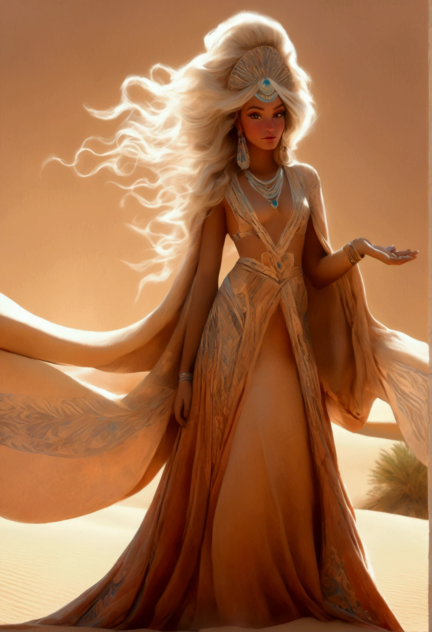 (a Desert Princess), dressed in a magnificent robe and adorned with a golden headdress rides a beautifully decorated camel through sand dunes, carrying water bags and supplies on its back. The princess held a golden scepter, guiding the way forward, with confidence and courage on her face. The background is endless desert and scorching sun, full body, (Photography), panoramic view, award-winning, cinematic still, emotional, vignette, dynamic, vivid, (masterpiece, best quality, Professional, perfect composition, very aesthetic, absurdres, ultra-detailed, intricate details:1.3)
