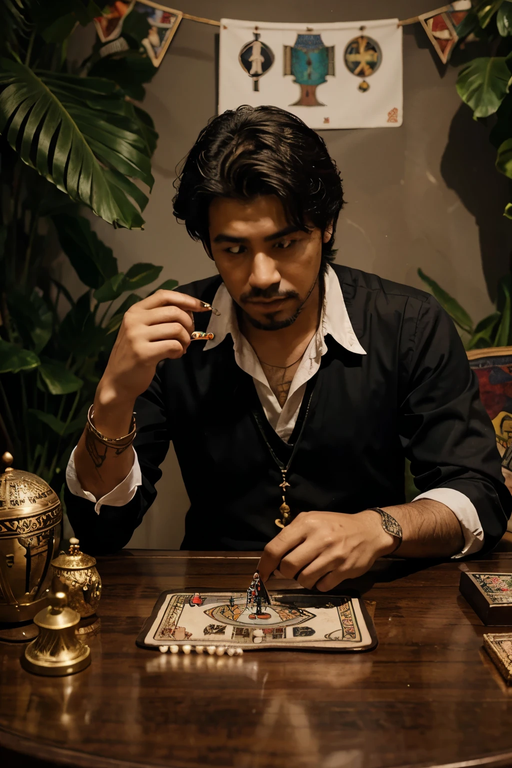 Mexican man dressed as a tarot reader with tarot cards on the table