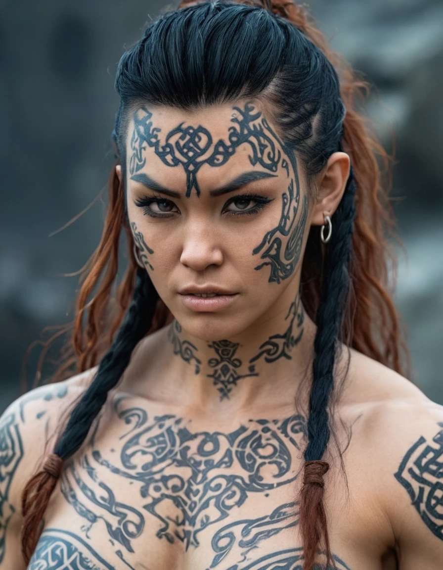 A close up of a woman with intricate facial tattoos and flowing hair, technoviking female with no shirt, with rune tattoos on her face, djinn human hybrid, norse goddess, picture of an adult female warrior, asgardian, muscular character, as a character in Tekken, inspired by Li Gonglin, inspired by Li Kan, avatar image, viking goddess