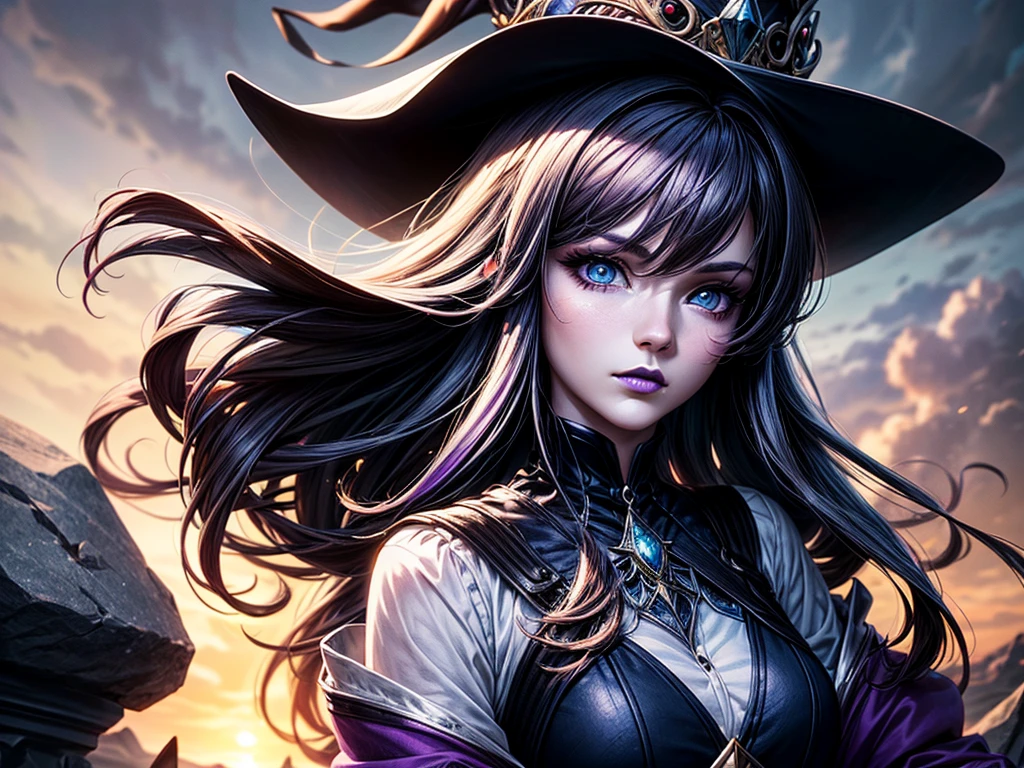 In the middle of so the storm on the stone field stand beatiful witch, she have a beautiful face with blue eyes shining purple lipstick and purple eye shadows, she have long blue hair with purple highlights, she dressed in black long coat short skirt high heels shoes and witch hat on her head , there is lighnings all around her, (ultra high quality fantasy art, anime fantasy style, masterpiece, ultra high quality character design, 8k quality anime art, realistic anime art, top quality wallpaper illustration, detailed ultra high quality accurate face, high quality design and accurate physic)