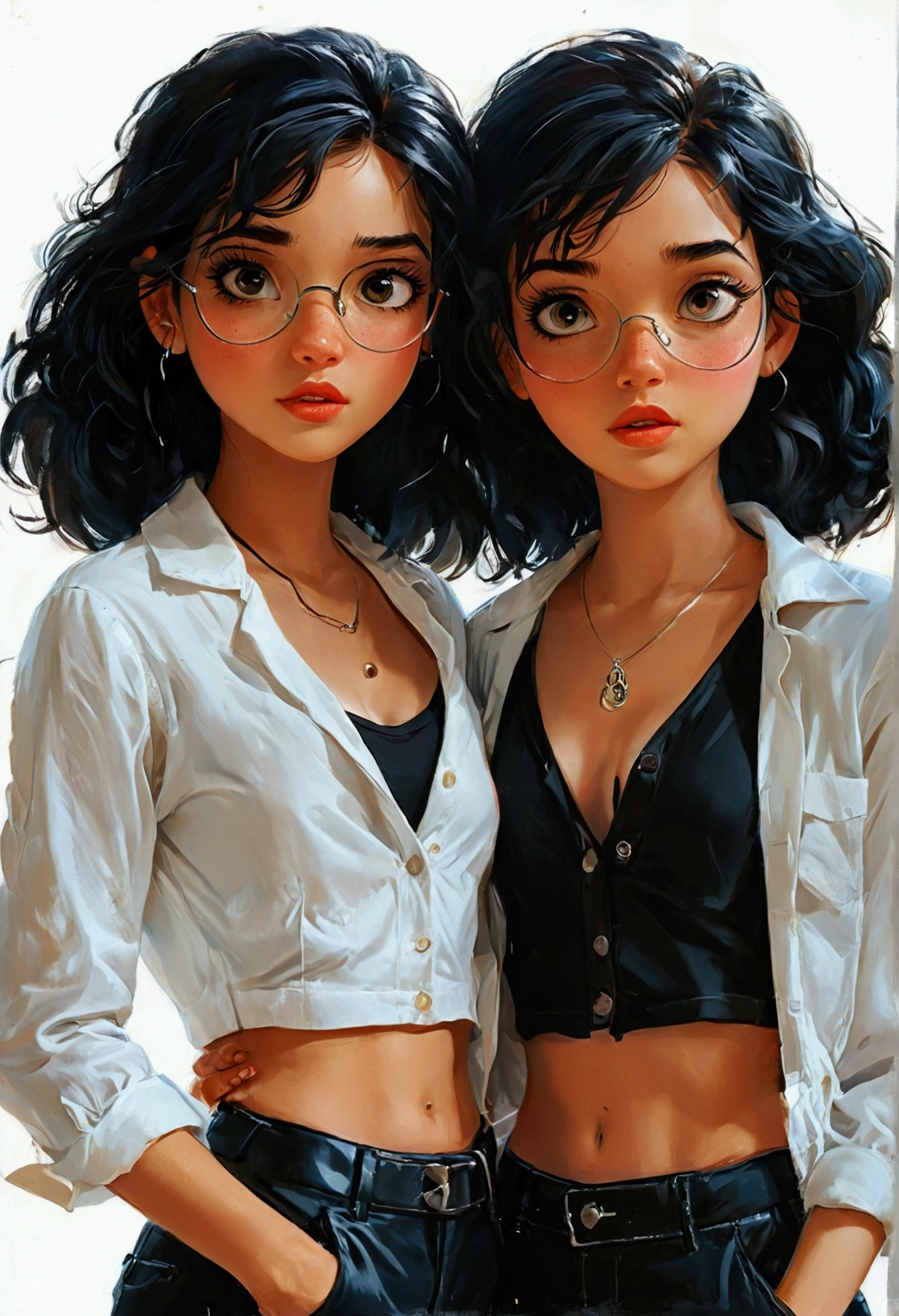 An illustration of two twin sisters, both with the same physical characteristics, medium black hair and beautiful expressive eyes - both have fair skin .  one is wearing a white shirt with black crop tops over the shirt showing the collars of the shirt and black çegging pants and white nyke style sneakers and the other sister is wearing a tailored set of black shorts and black blouse with a women&#39;s blazer by cvima in Disney Style Pixar Animations