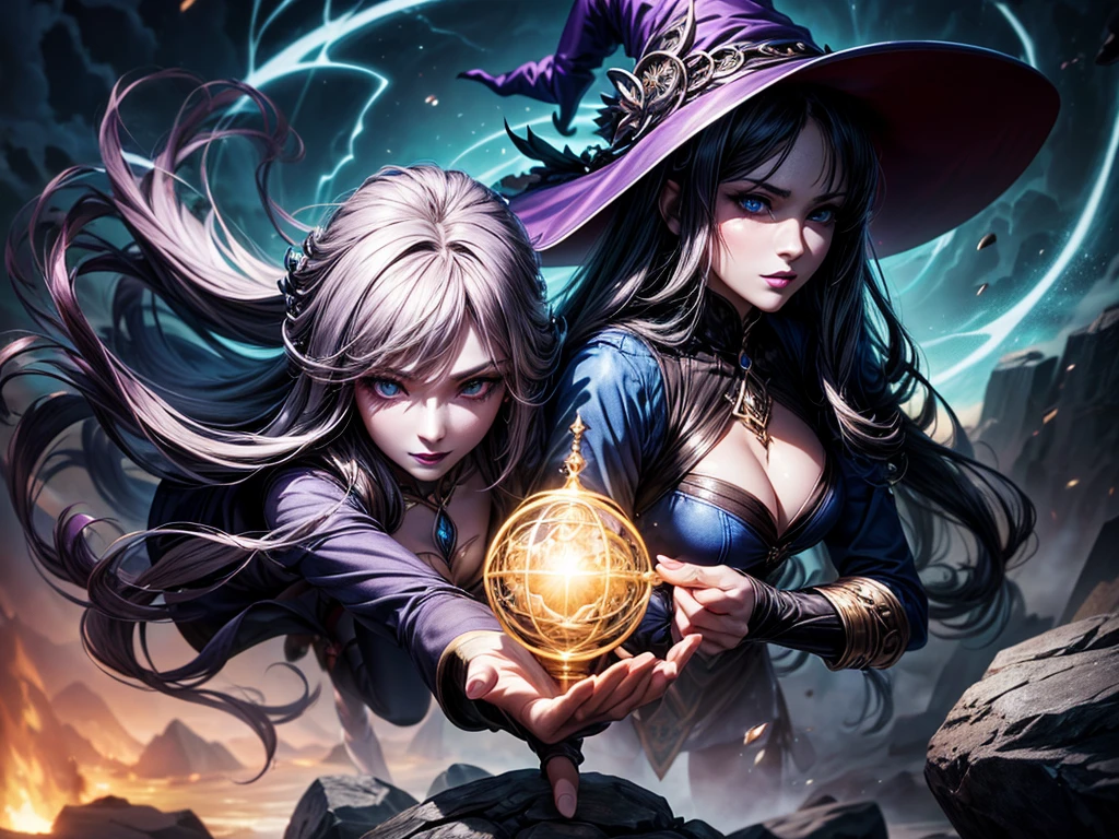 In the middle of so the storm on the stone field stand beatiful witch, she have a beautiful face with blue eyes shining purple lipstick and purple eye shadows, she have long blue hair with purple highlights, she dressed in black long coat short skirt high heels shoes and witch hat on her head , there is lighnings all around her, (ultra high quality fantasy art, anime fantasy style, masterpiece, ultra high quality character design, 8k quality anime art, realistic anime art, top quality wallpaper illustration, detailed ultra high quality accurate face, high quality design and accurate physic)