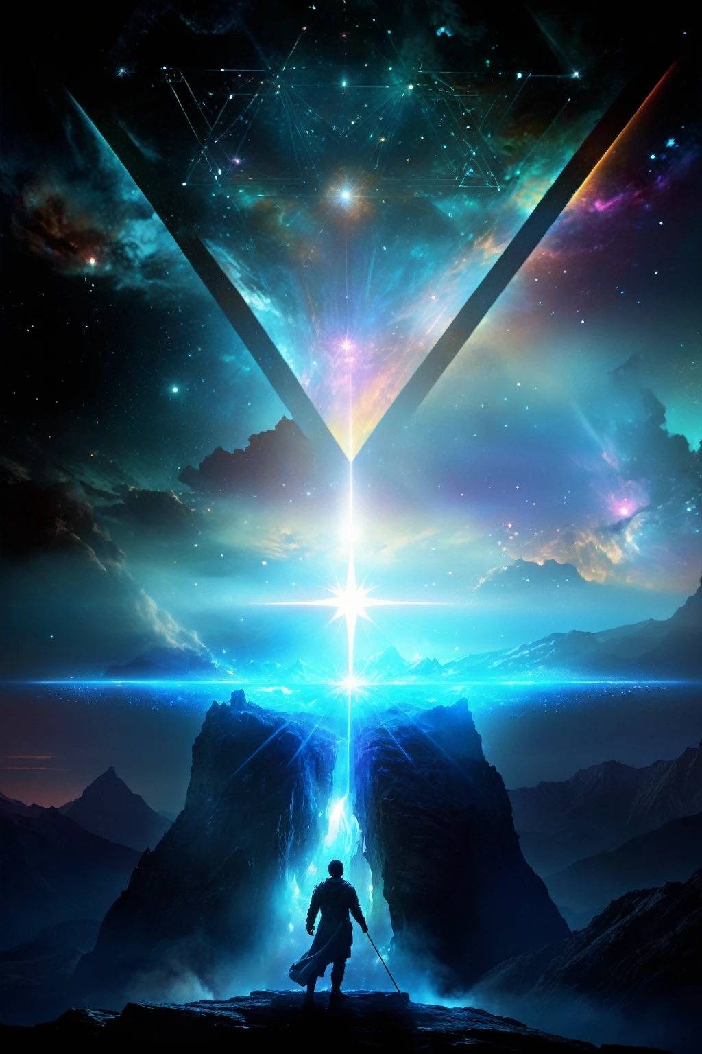 a man standing on a mountain with a star in the sky, astral travel, digital visionary art, artgem and beeple masterpiece, sci-fi digital art, visionary art style, consciousness projection, star - gate of futurisma, beeple artwork, dimensional portal, cosmic enlightenment, otherworldly visuals, sci-fi digital art illustration, gateway to another universe