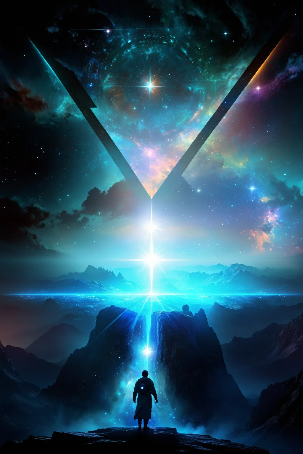 a man standing on a mountain with a star in the sky, astral travel, digital visionary art, artgem and beeple masterpiece, sci-fi digital art, visionary art style, consciousness projection, star - gate of futurisma, beeple artwork, dimensional portal, cosmic enlightenment, otherworldly visuals, sci-fi digital art illustration, gateway to another universe