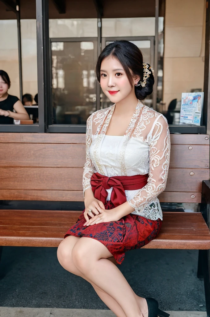 masterpiece: 1.4), (8K, Photorealistic, Raw photography, Best image quality: 1.4), Chubby Chinese girl, 19 years old, (Random hairstyle: 1.2), full body Super Detailed skin, sharp focus 1.3 beautiful girl : 1.2 masterpiece light best quality black hair、超 High resolution (Photorealistic: 1.4), Slight smile, watch, very detailed and professional lighting red kebaya, and batik patterned sarong skirt, Serious facial expression, Sitting on a coffee shop bench