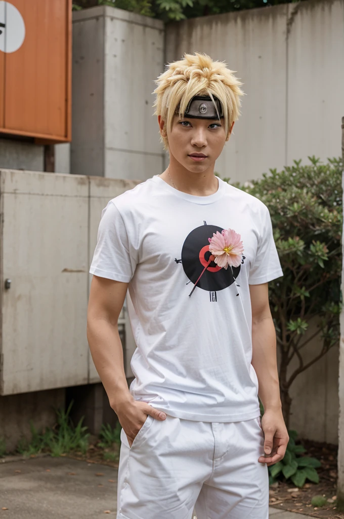 Character Naruto , Anime Man ,Standing , White T-shirt , give a flower