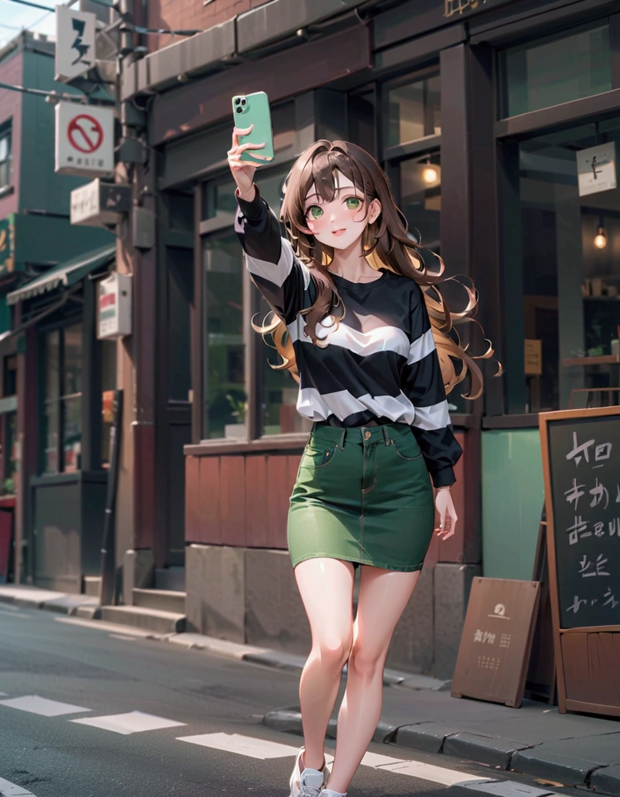 beautiful young woman holding a smartphone and selfying on downtown street, brown long wavy hair woman, she wearing black with white striped long sleeve t-shirt, green denim pencil mini skirt, and white sneakers