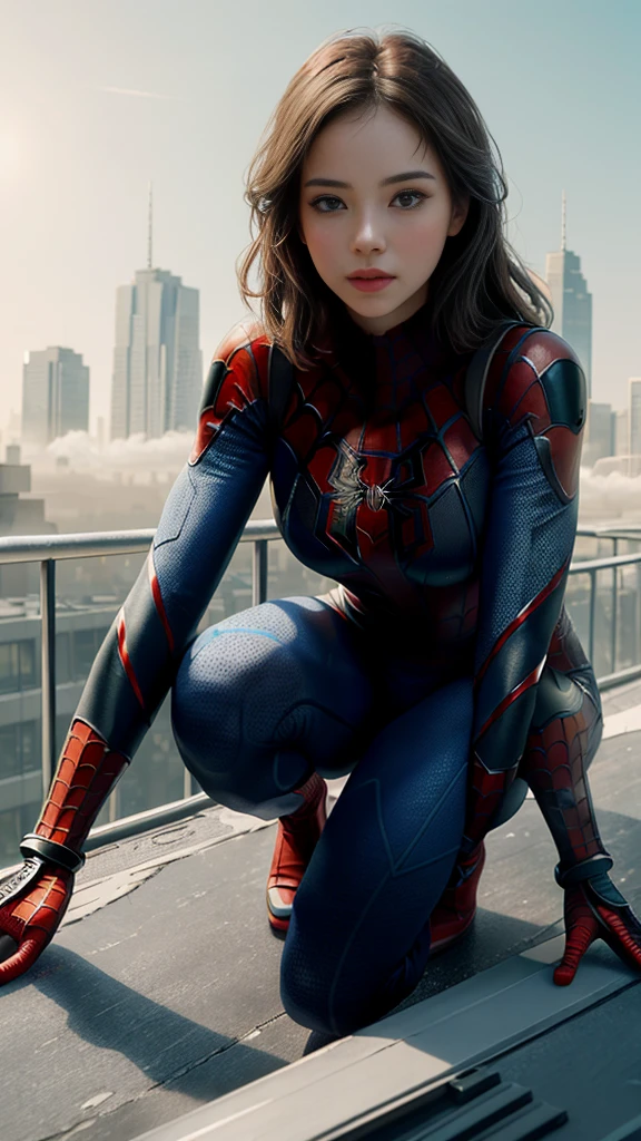 full body, (1girl:1.3), Solo, (((Very detailed face)))), ((Very detailed eyes and face)))), Beautiful detail eyes, Body parts__, Official art, Unified 8k wallpaper, Super detailed, beautiful and beautiful, beautiful, masterpiece, best quality, original, masterpiece, super fine photo, best quality, super high resolution, realistic realism, sunlight, half body, amazing beauty, dynamic crouching pose, delicate face, vibrant eyes, (from the front), She wears Spider-Man suit, red and black color scheme, spider, very detailed city roof background, rooftop, overlooking the city, detailed face, detailed complex busy background, messy, gorgeous, milky white, highly detailed skin, realistic skin details, visible pores, clear focus, volumetric fog, 8k uhd, DSLR, high quality, film grain, fair skin, photo realism, lomography, futuristic dystopian megalopolis, translucent