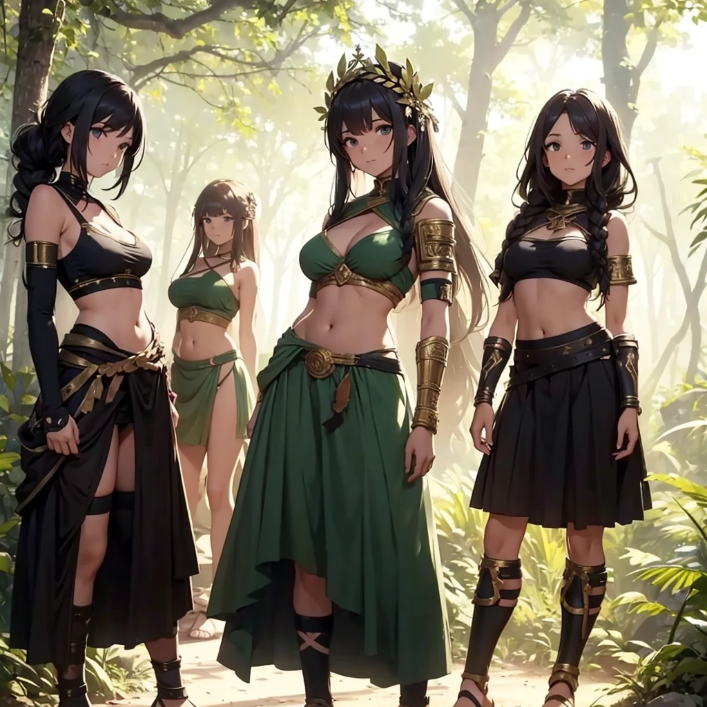a group of greek warriors womans in togas , only girls , forest in the background , light armor , elbow pads, knee pads, shoulder pads, black armor , sandals , sexy, exposed belly, muscular girl, defined abdomen,stomach, multiple girls, looking at viewer , long hair, bare shoulders, outdoors, sandals