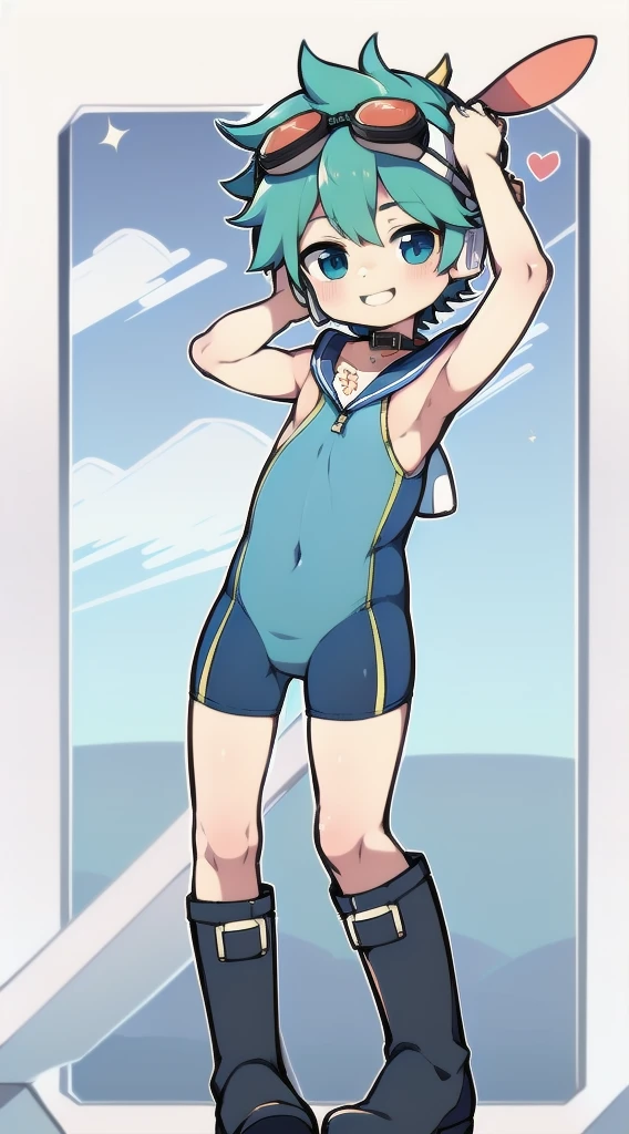 2D Shonen Shota，one-piece swimsuit，Slim, healthy body，Put the headphones on your head，stand up，goggles，Rabbit ears，Happy，Sailor collar，boots，charming，Akimbo