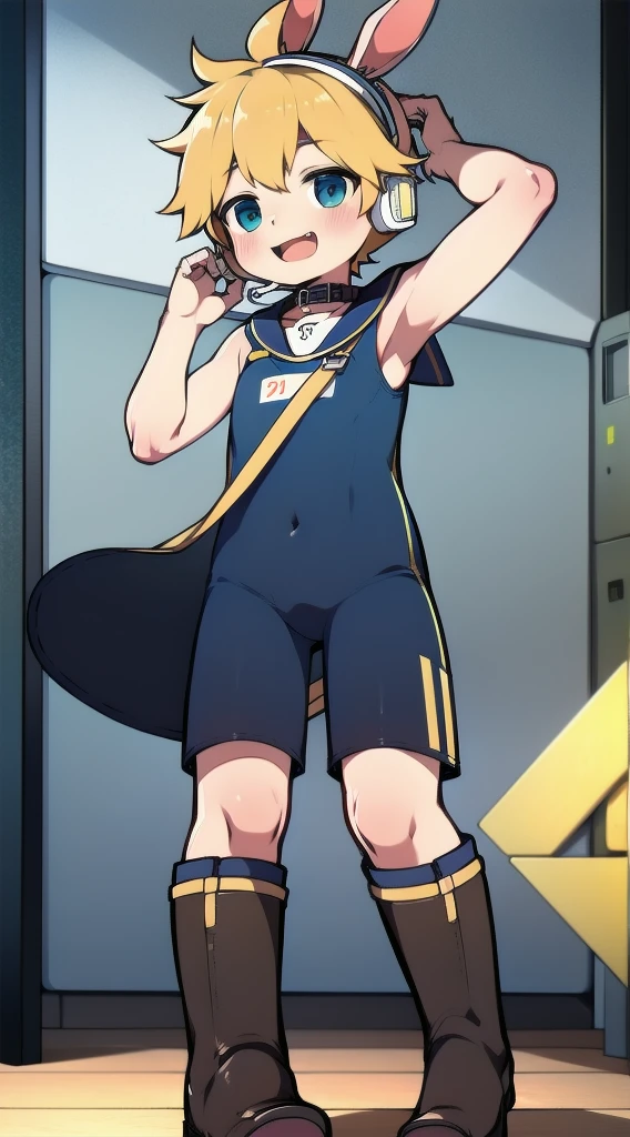 2D Shonen Shota，one-piece swimsuit，Slim, healthy body，Put the headphones on your head，stand up，goggles，Rabbit ears，Happy，Sailor collar，boots，charming，Akimbo