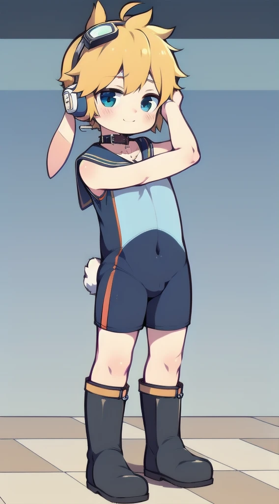 2D Shonen Shota，one-piece swimsuit，Slim, healthy body，Put the headphones on your head，stand up，goggles，Rabbit ears，Happy，Sailor collar，boots，charming，Akimbo