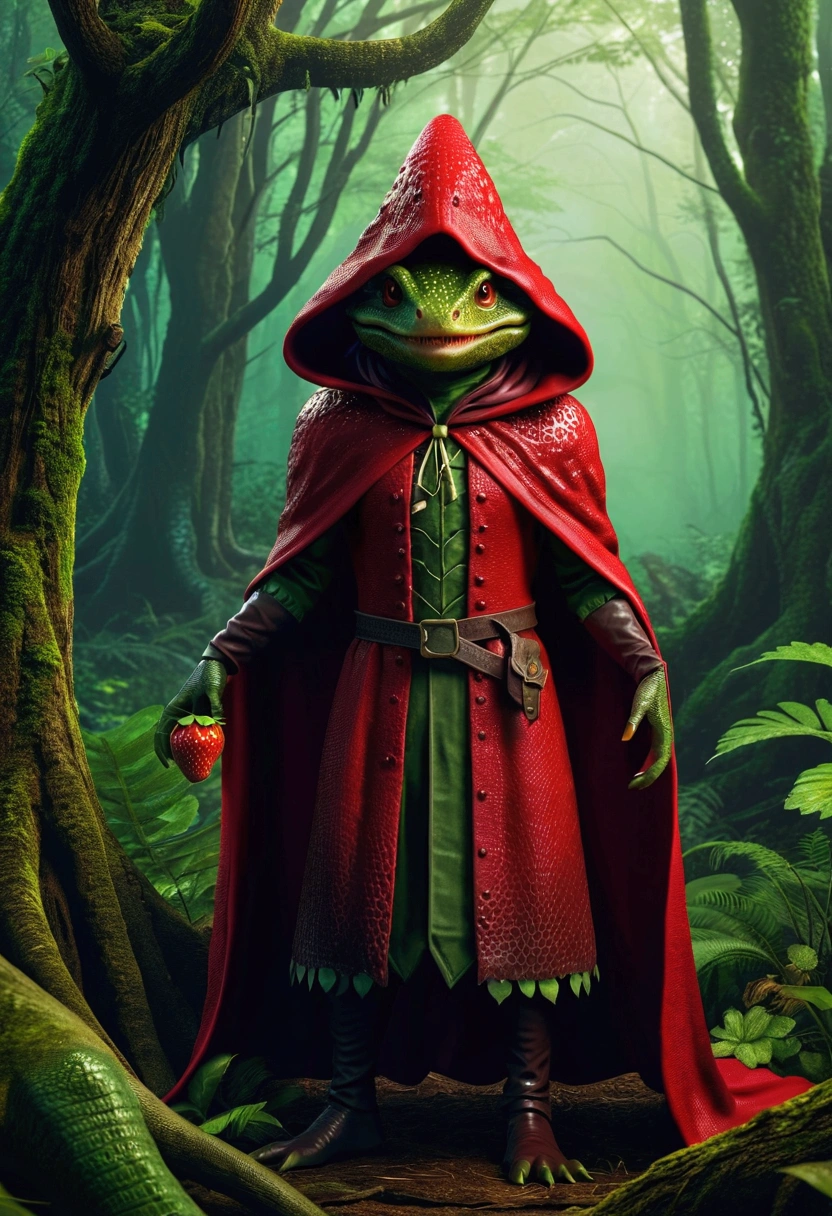 Digital painting of an anthropomorphic humanoid strawberry creature wearing a dark, witchy outfit with hood and robes. The creature has the distinct facial features of a crocodile or other reptilian creature - scaled skin, sharp teeth, and piercing reptilian eyes. The figure stands in a dark, swampy forest landscape, with gnarled trees, murky waters, and an eerie, ethereal atmosphere. Vibrant shades of red, green, and brown dominate the color palette, creating a rich, fantastical aesthetic. The strawberry witch exudes an aura of mysticism and primal power, blending whimsical and unsettling elements. Detailed, high-resolution, cinematic perspective.