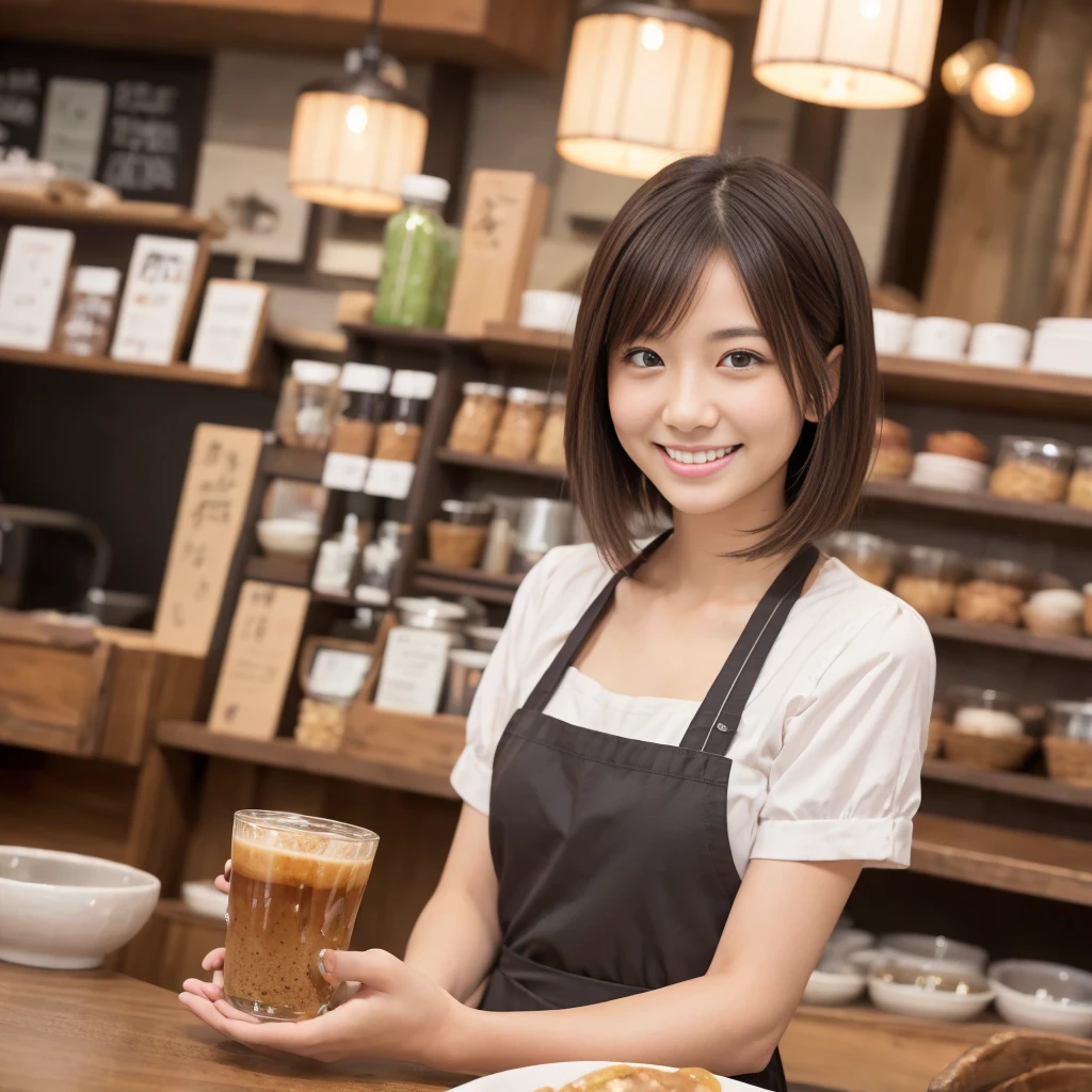 japanese (masutepiece, Best Quality, Ultra High Resolution),1girl in,Short hair, Brown hair, beautiful and detailed face, Detailed eyes,Cafe clerk in apron, in a cafe,(in your 40s)((a smile))