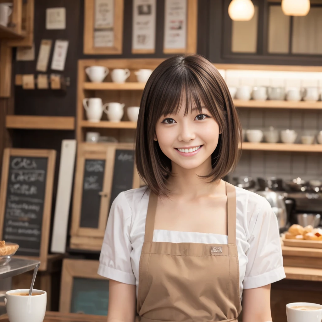 japanese (masutepiece, Best Quality, Ultra High Resolution),1girl in,Short hair, Brown hair, beautiful and detailed face, Detailed eyes,Cafe clerk in apron, in a cafe,(in your 40s)((a smile))