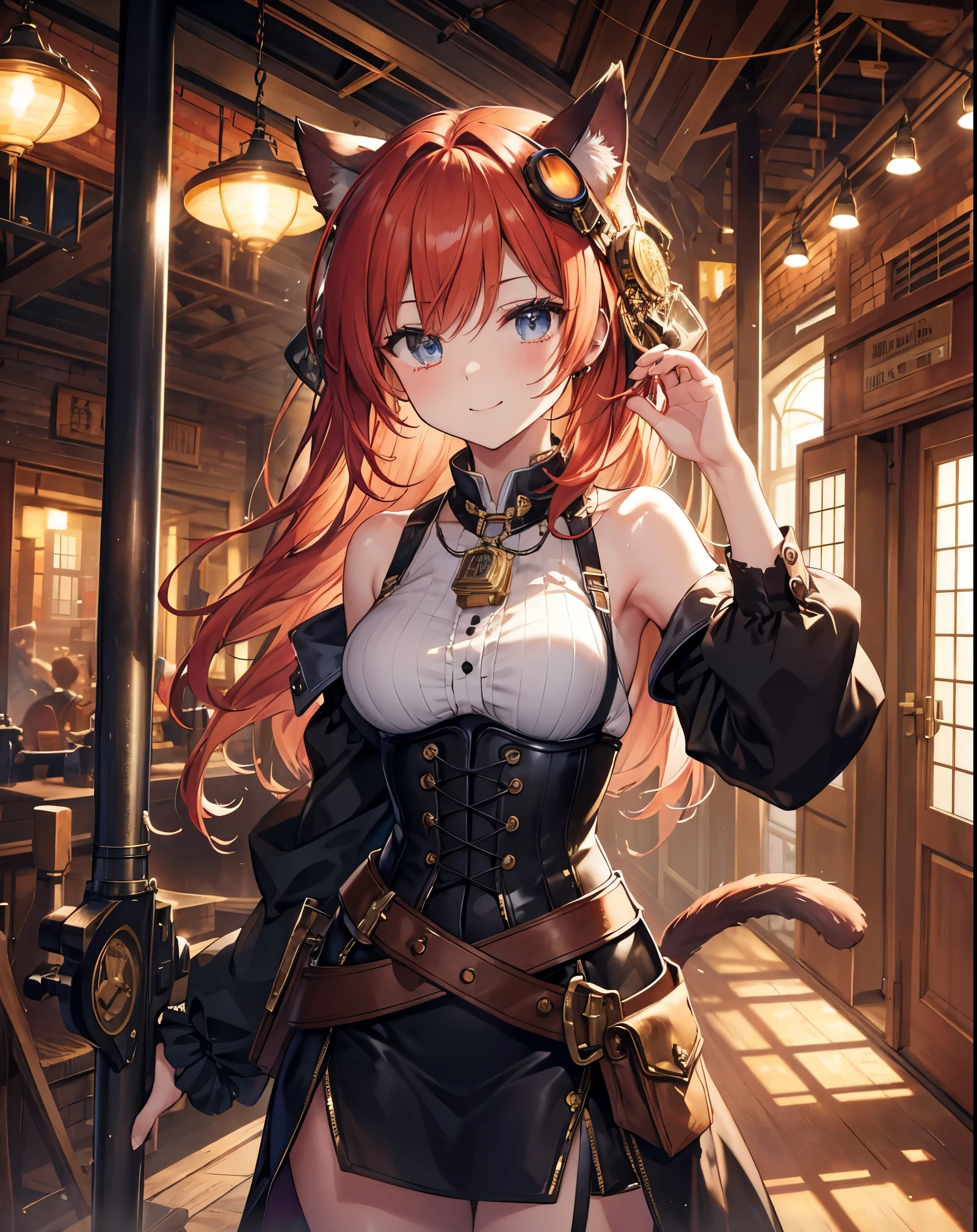 Masterpiece, A stunning anime girl with cat ears and tail, dressed in elaborate steampunk attire with leather and gear details, stands in a bustling fantasy steampunk city. She wears aviator goggles on her head, a loose corset with intricate designs, bare shoulders, and carries a mechanical weapon. The city background is filled with brick buildings, metal pipes, airships, and intricate machinery. The atmosphere is a mix of warm sepia tones and glowing lights from gas lamps, with a slight mist in the air. Her vibrant eyes and confident smile captivate the viewer. The scene exudes a blend of technology and magic, creating a unique and enchanting steampunk fantasy world. She has red hair and a smiling face.
She is the station master and she is whistling the train choo from inside the locomotive. Scenery 