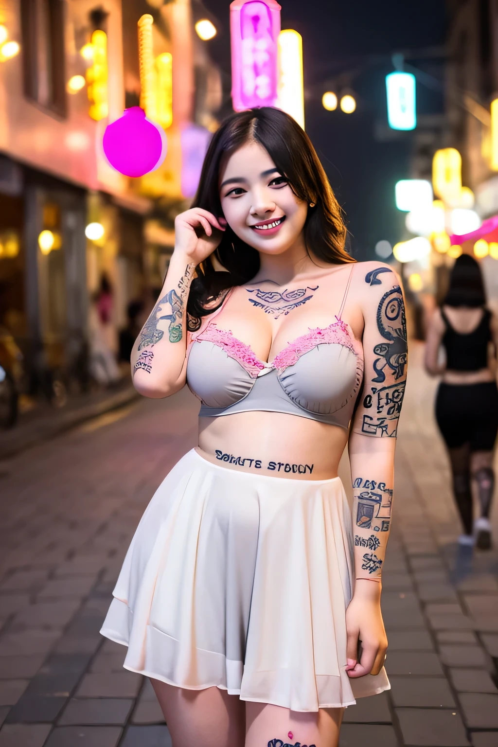 1girls, Beautiful, , 20 Years Old, White Skin, colossal Breasts, Sexy Pose, sexy Tanktop, ((Chubby)) G-String Bikini ((Pink Colour Outfit)), ((Grey Eye)), Smile, Bokeh, Chinese Street Background, Masterpiece, ((Night)), Aesthetic Tattoo ((tattooed: 1.3)), ((full body:1.1)), Transparent clothing