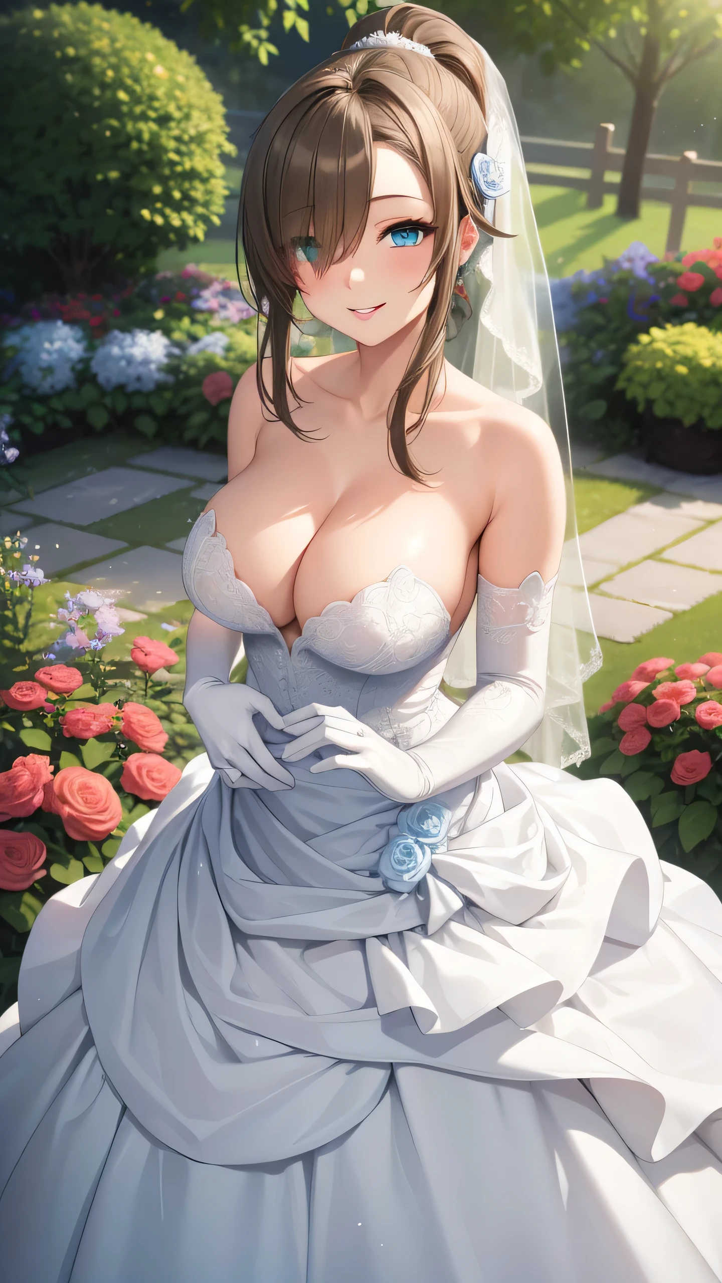 masterpiece, best quality, highly detailed, ultra high res, ayase arisa, ichinose asuna, 1girl, solo, hair ornament, ight brown hair, blue eyes,very long hair,hair over one eyes, glossy lips, large breasts, aqua eyes, wedding dress, ponytail, light smile, elbow gloves, garden