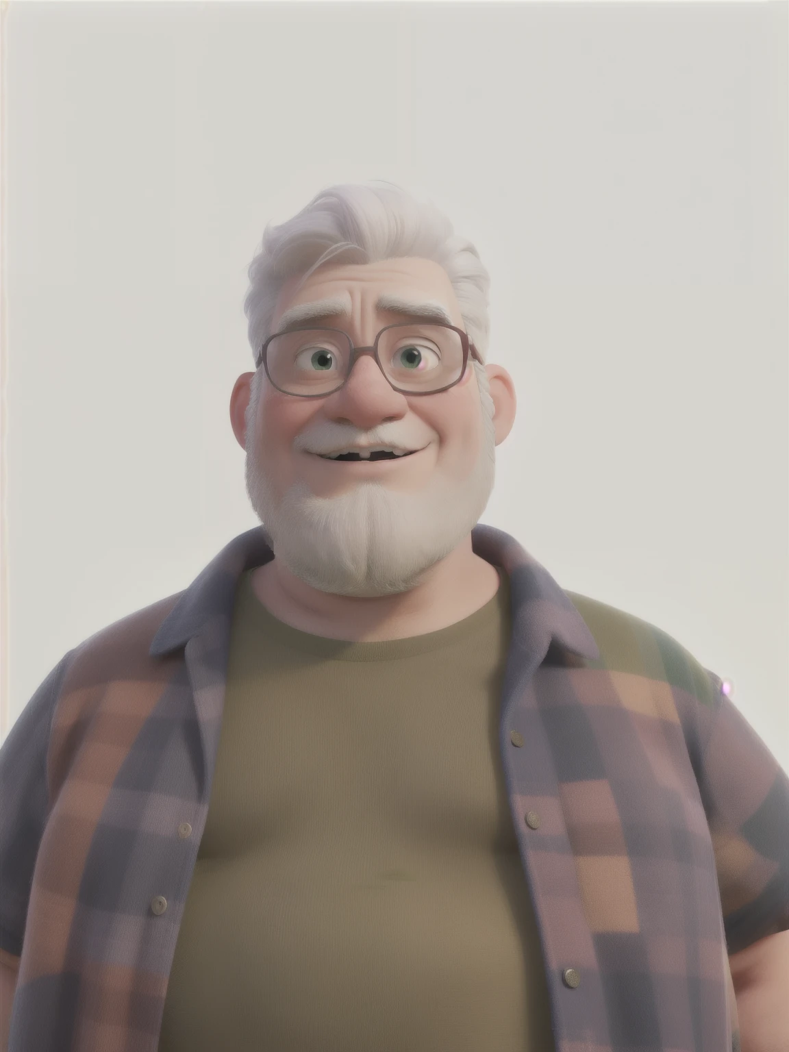 Work of art, fat man, best quality, white hair, white beard, wearing a red and blue checkered shirt over an olive green t-shirt, standing in the park, trees background, colorfull , vivid colors increase color burn