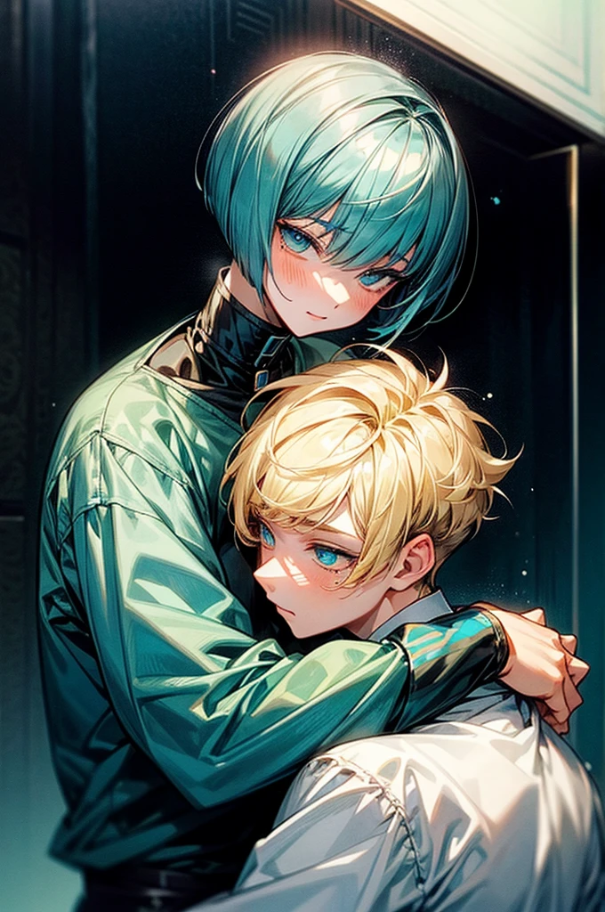 shy two males, one with blonde spiky curly hair and cyan eyes hugging happyly another feminen male with very short bowlcut cut dark blue hair and eyes with beauty marks on his face